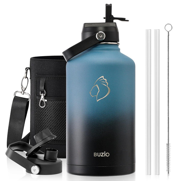Stainless Steel Water Bottle 2L, BUZIO Vacuum Insulated Water Bottle with Straw Lid and Flex Cap Cold for 48 Hrs, Hot for 24 Hrs Double Wall Wide Mouth BPA Free Leak Proof, Black