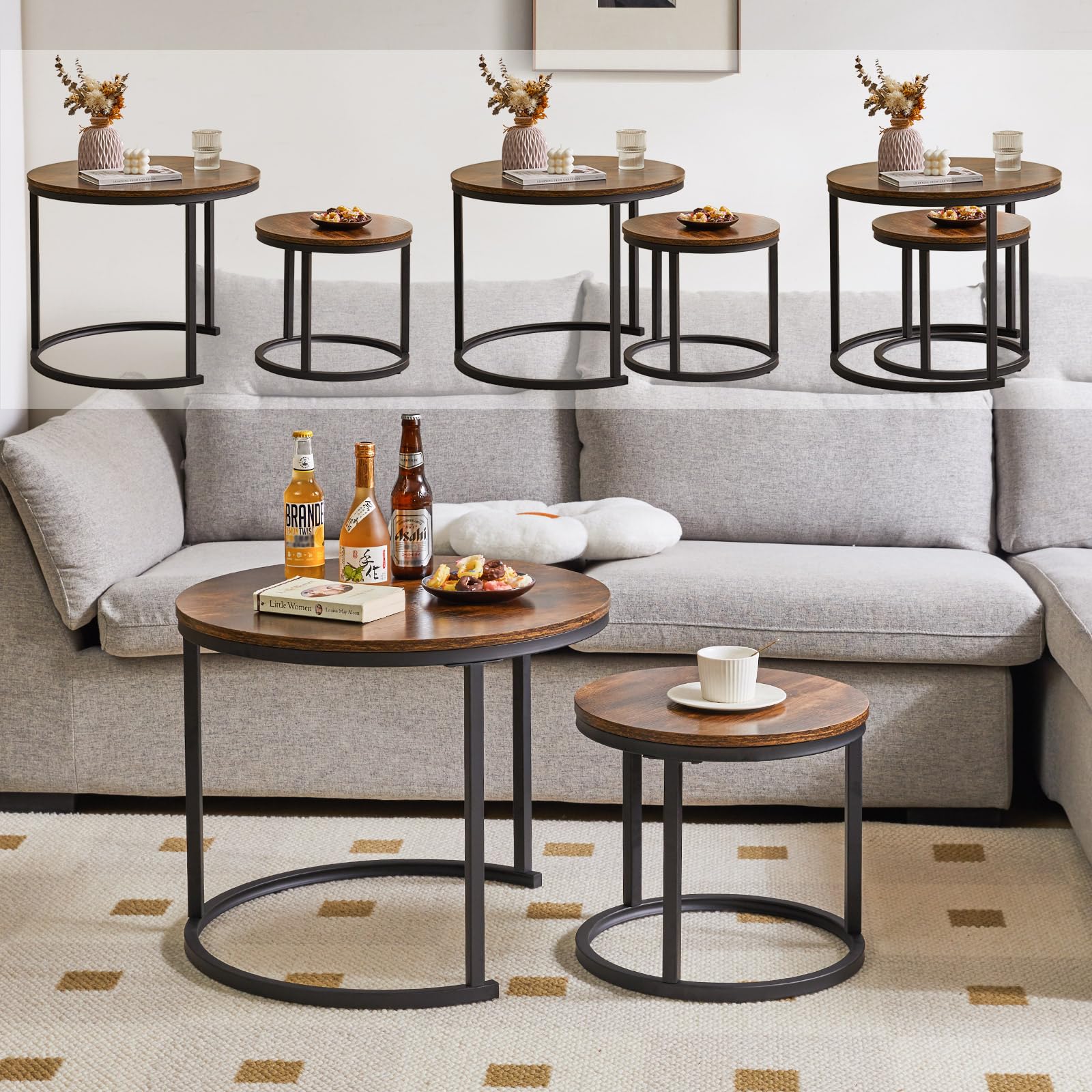 IBUYKE Round Nesting Table, Removable Set of 2 Coffee Tables, Stacking Sofa Side Table End Table, for Living Room, Bedroom, Office, Balcony,