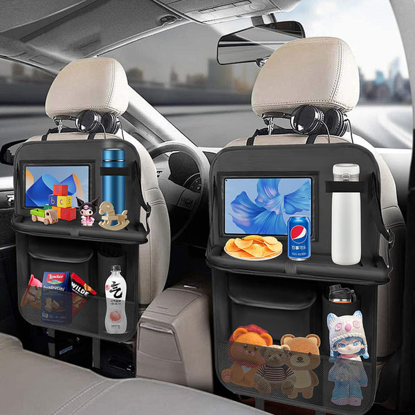 Resszo Car Organiser,Car Seat Organiser for Kids with Tablet Holder, Multifunctional WaterProof Back Seat Protector with 10.5 iPad Foldable Tray Table, 6 Pockets Toy Storage
