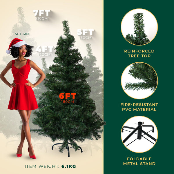 Artificial Christmas Tree 6FT – 700 Tips Full & Realistic Green Xmas Tree with PVC Branches, Metal Stand – Easy Setup 6 Foot Christmas Tree for Living Rooms