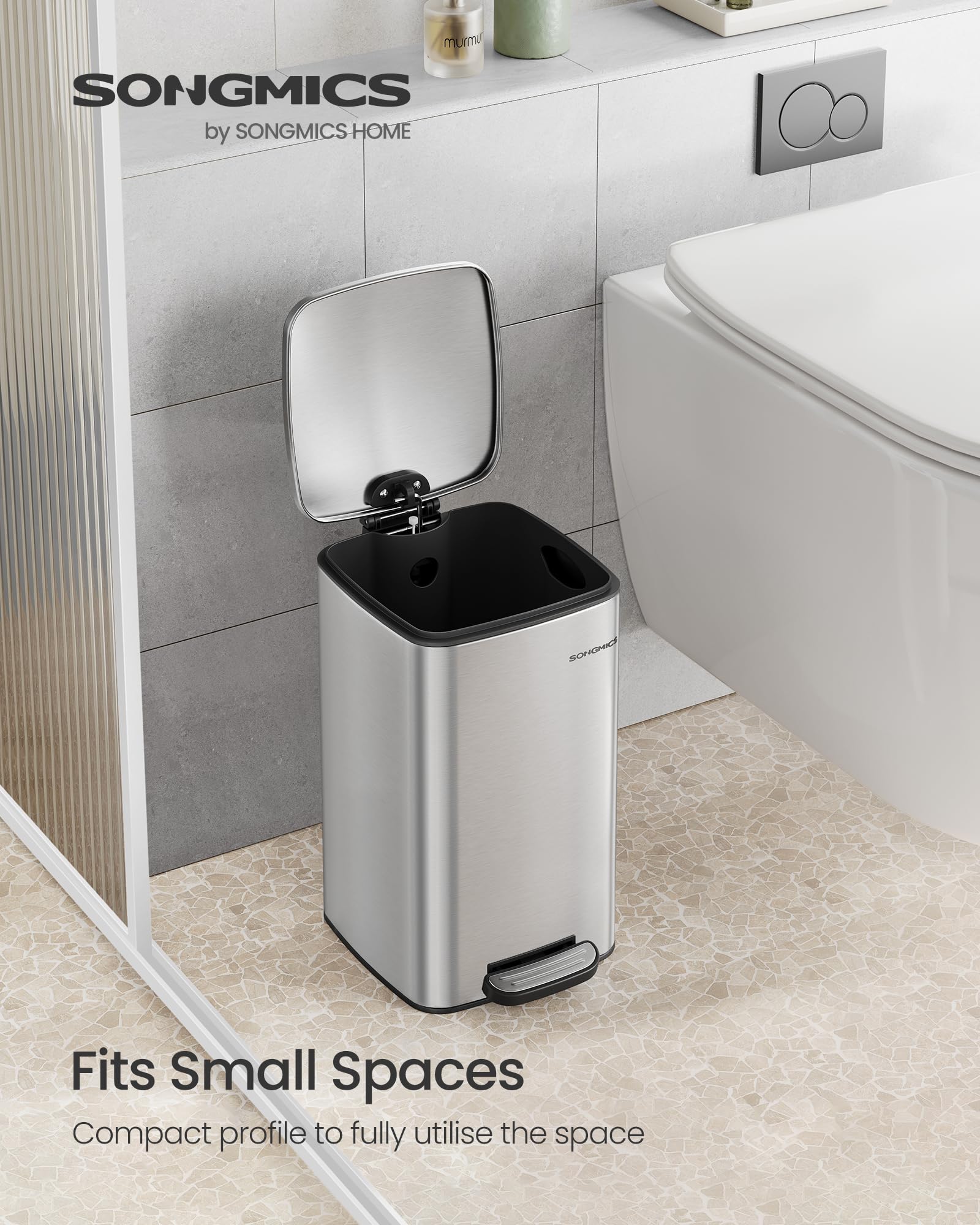 SONGMICS Kitchen Bin, 8-Gallon (30 L) Trash Bin, Steel Pedal Bin, with Inner Bucket, Soft Close and Stays Open, Metallic Silver LTB593E01