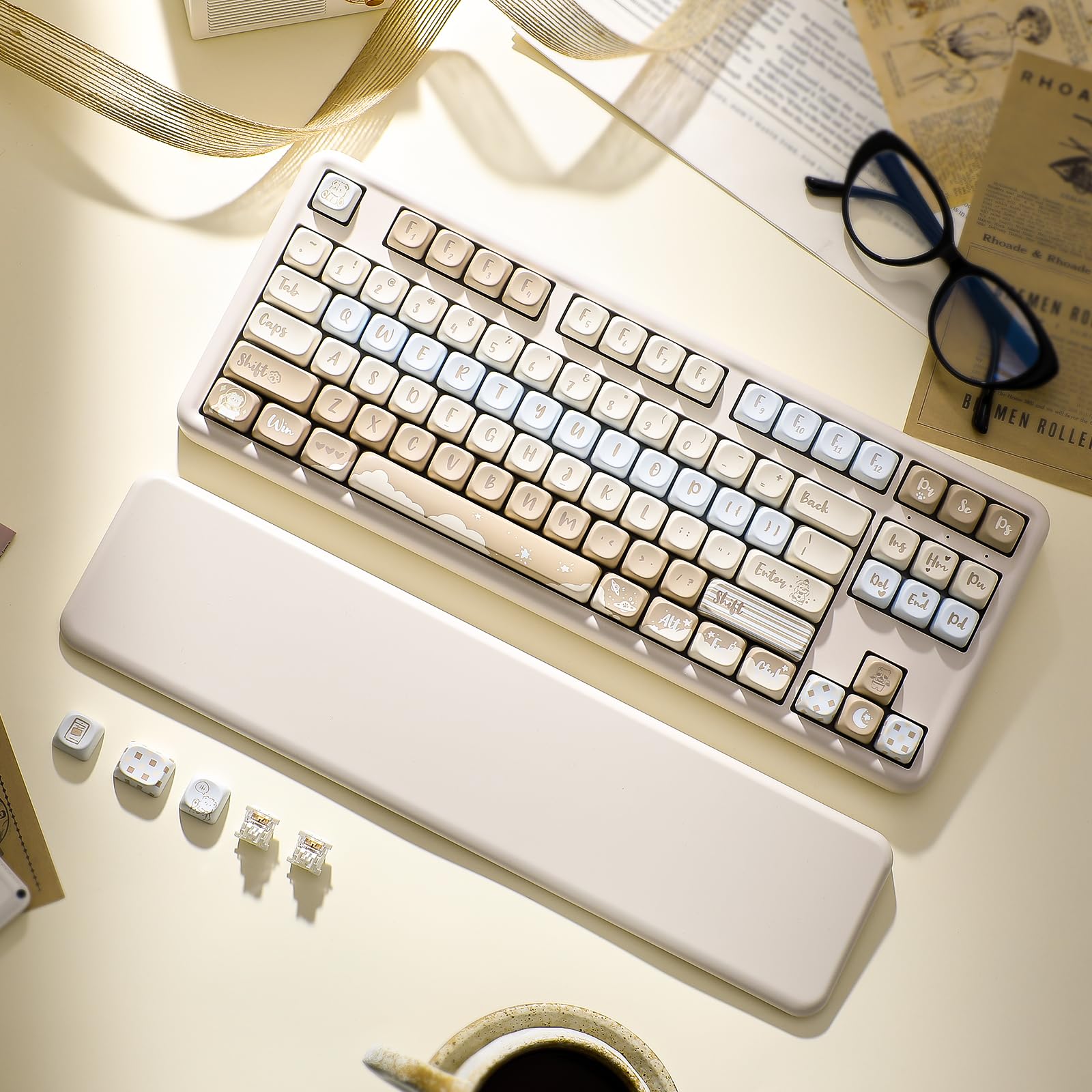 YUNZII B87 Wireless Mechanical Keyboard,QMK/VIA Software Custom Gaming,Gasket RGB Keyboard with Cute MOA Keycaps,Wrist Rest,BT5.0/2.4G/USB-C NKRO for Win/Mac (butter, milk v2 linear)