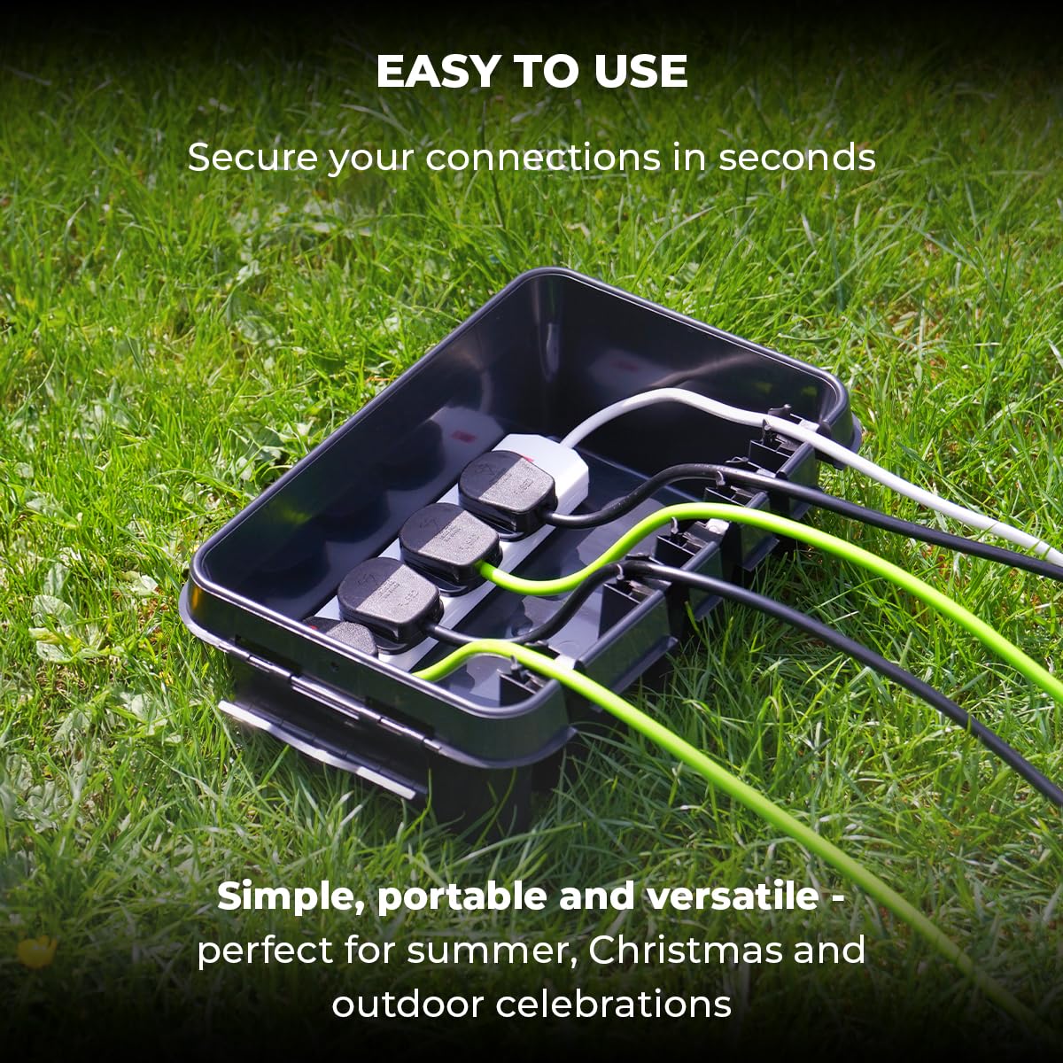 DRiBOX – Large IP55 Weatherproof Outdoor Electrical Connection Box 40 x 31 x 14.5cm – Power Cord Enclosure for Christmas Lights, Timers, Extension Cables, Leads, Reels, Transformers (Large, Black)