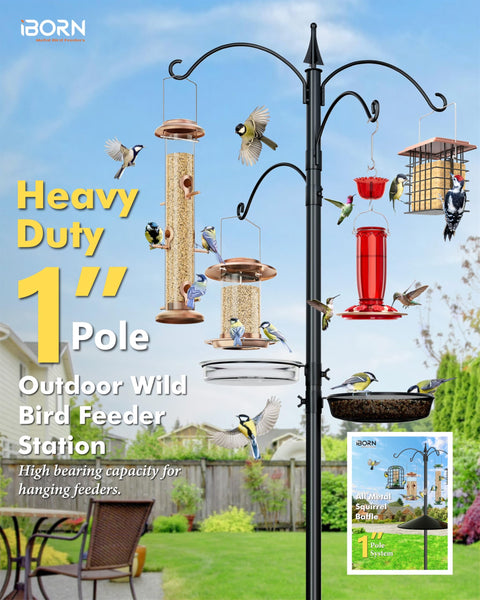 iBorn Bird Feeders Hanging Station 87Inch Wild Bird Feeding Station Pole Stand Outdoors Heavy Duty,2 Fixed & 2 Adjustable Hooks & 2 Trays, 5-Prong