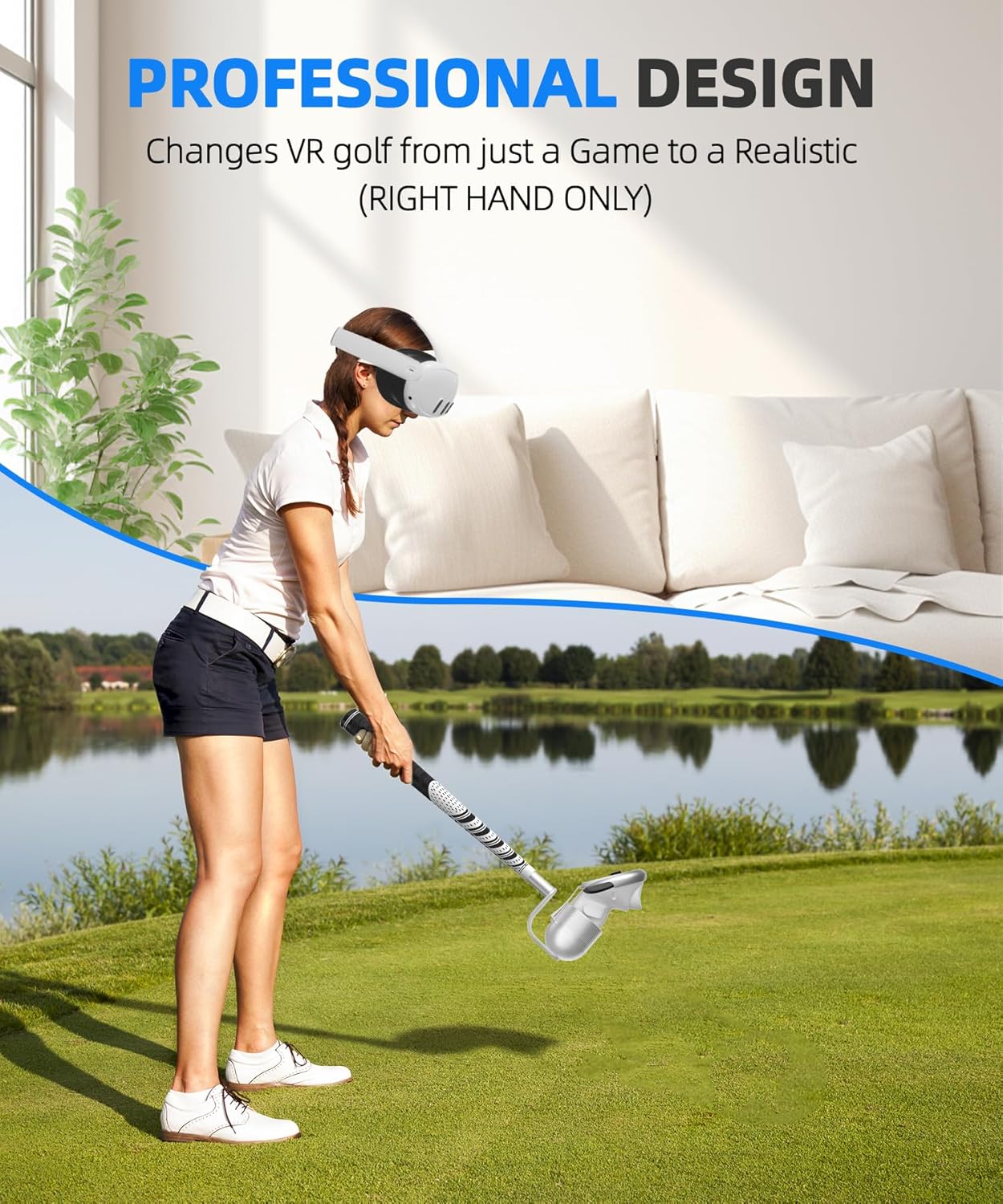 BRICOK VR Golf Club Compatible with Meta Quest 3/Meta Quest 3S, 90 Degree Unblock Signal Aluminum Attachment with 1:1 Molded Controller Cup, Right