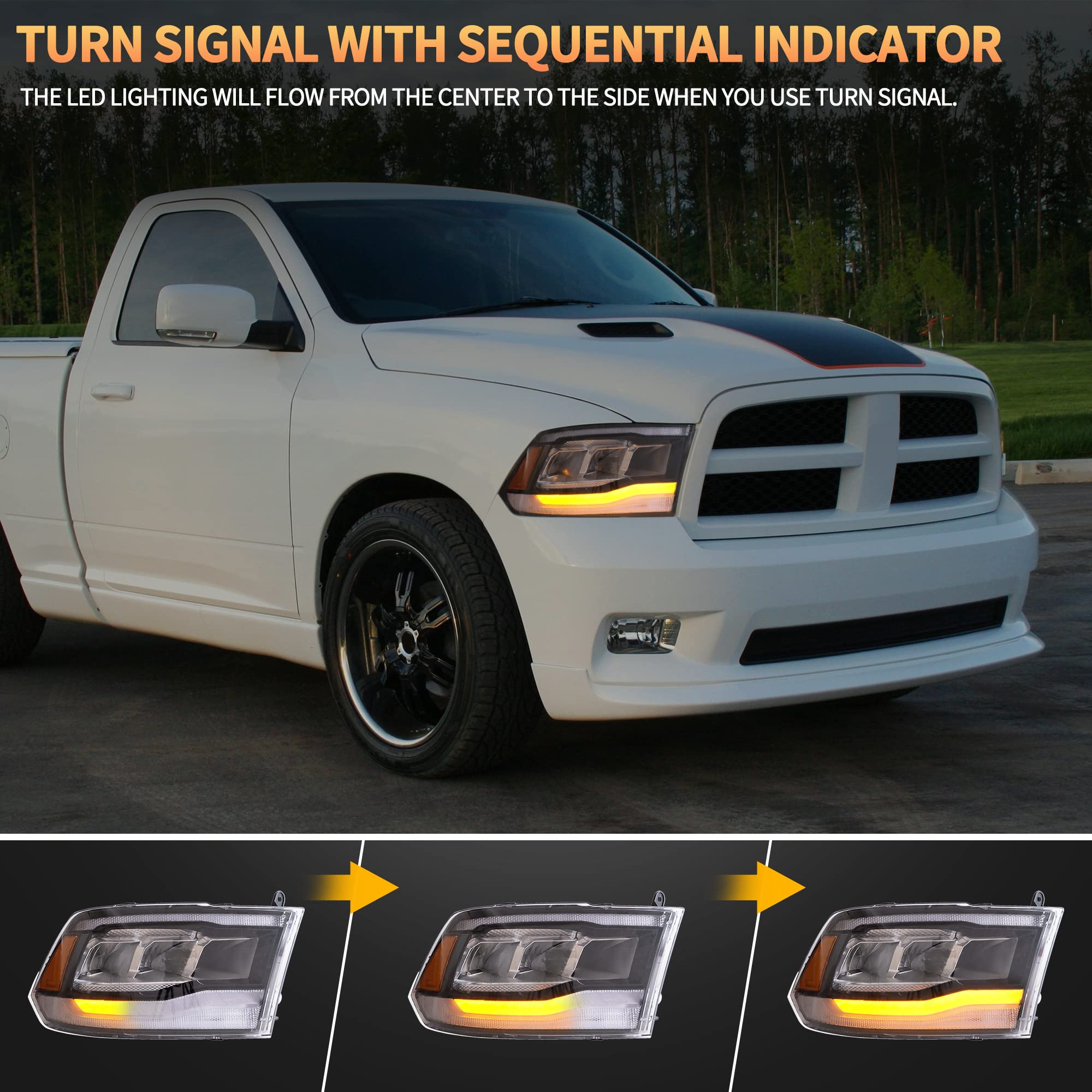 VLAND Motor LED Headlights compatible with RAM 1500 2500 3500 2009-2018 & RAM 1500 Classic 2019-2021, w/Startup dynamic display & Blue to white changing, Passenger & Driver Sides - Clear reflector