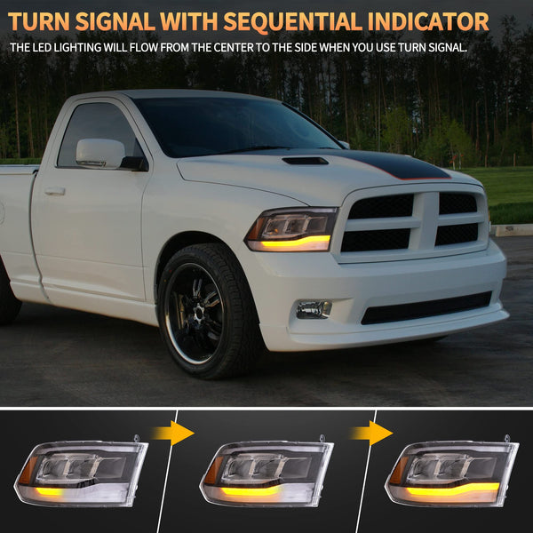 VLAND Motor LED Headlights compatible with RAM 1500 2500 3500 2009-2018 & RAM 1500 Classic 2019-2021, w/Startup dynamic display & Blue to white changing, Passenger & Driver Sides - Clear reflector