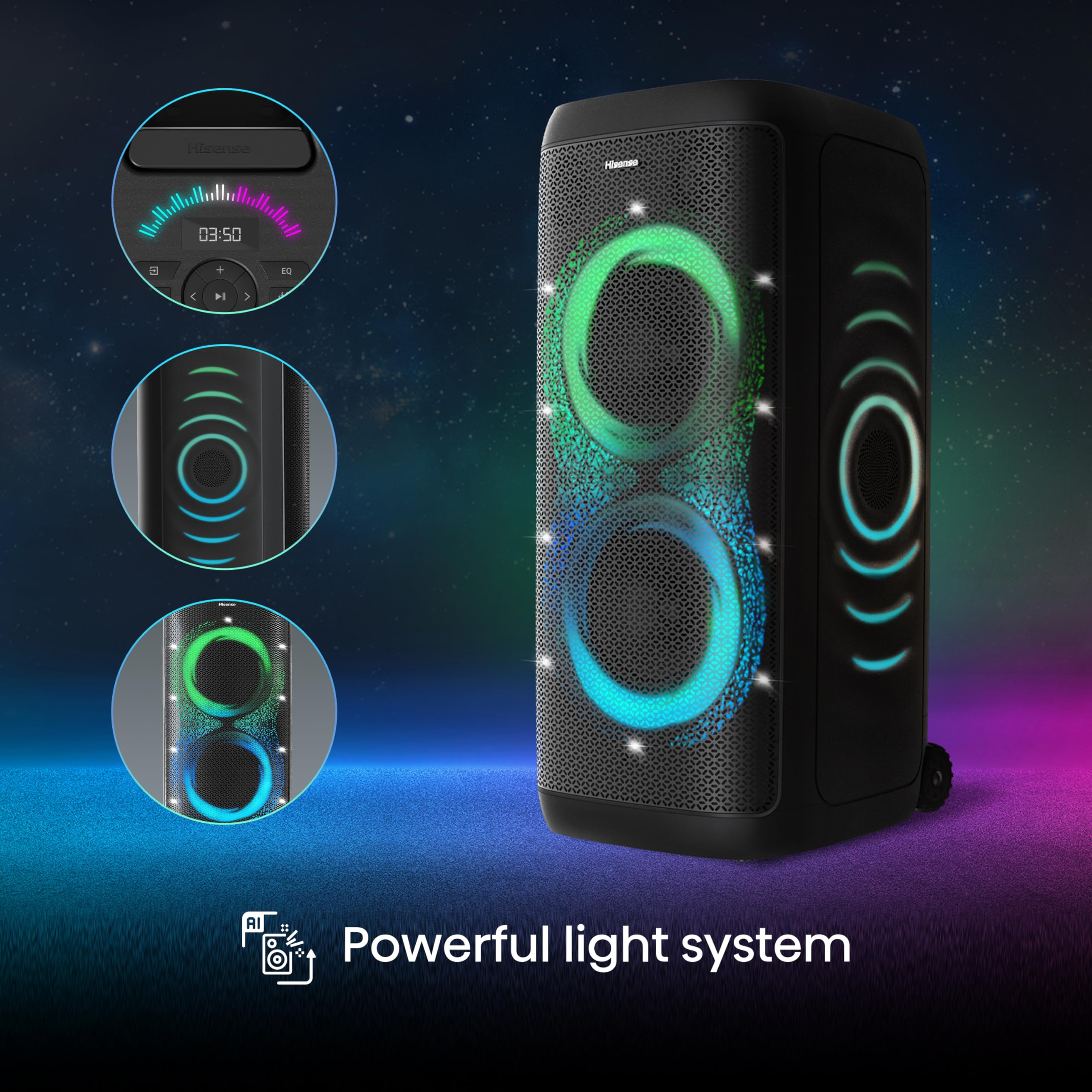 Hisense PARTY STORM, 300W Max Audio Power,15 Hrs long playtime,Karaoke Mode,Lighting effects, Wireless charge the phone, IPX4 Waterproof, Bluetooth 5.0
