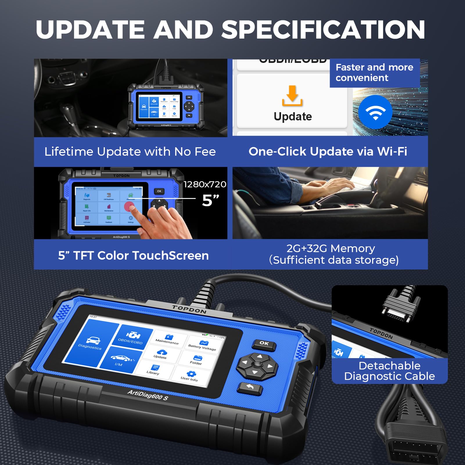 TOPDON OBD2 Code Reader Scanner ArtiDiag600S, 9 Reset Service for Oil/BMS/ABS/SAS/EPB/DPF/TPMS/Throttle/Injector Coding, ABS/SRS/Engine/Transmission Car diagnostic tool, Free Lifetime Upgrade