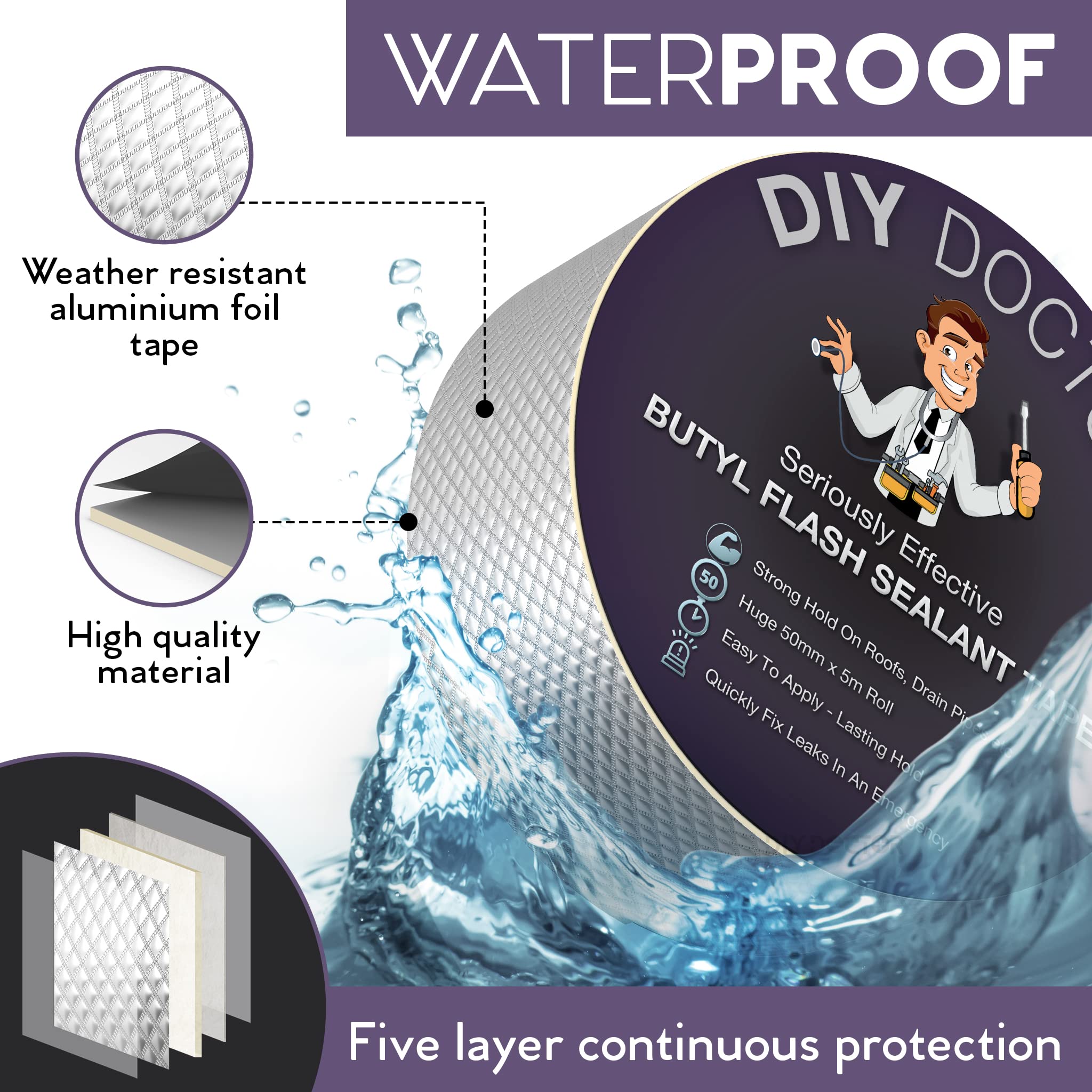 DIY Doctor Waterproof Tape for Leaks - Butyl Roof Sealant Tape - Outdoor Waterproof Repair Tape with Aluminium Foil – 50mm x 5m