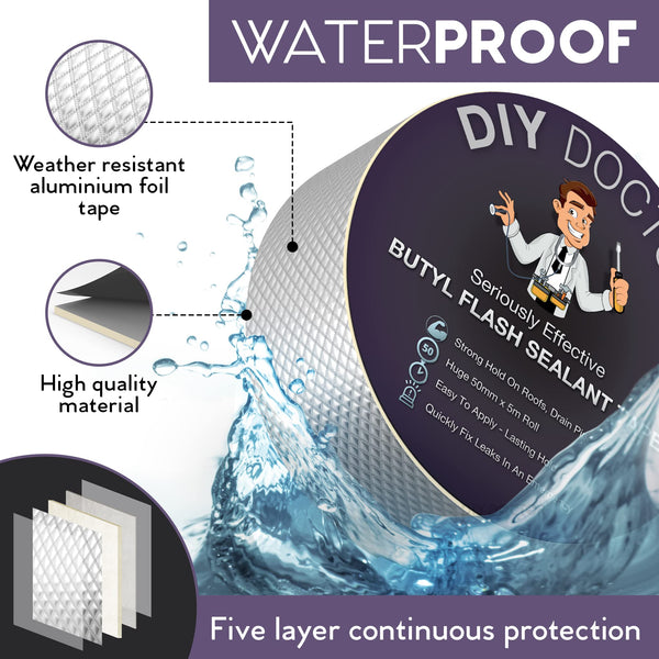 DIY Doctor Waterproof Tape for Leaks - Butyl Roof Sealant Tape - Outdoor Waterproof Repair Tape with Aluminium Foil – 50mm x 5m