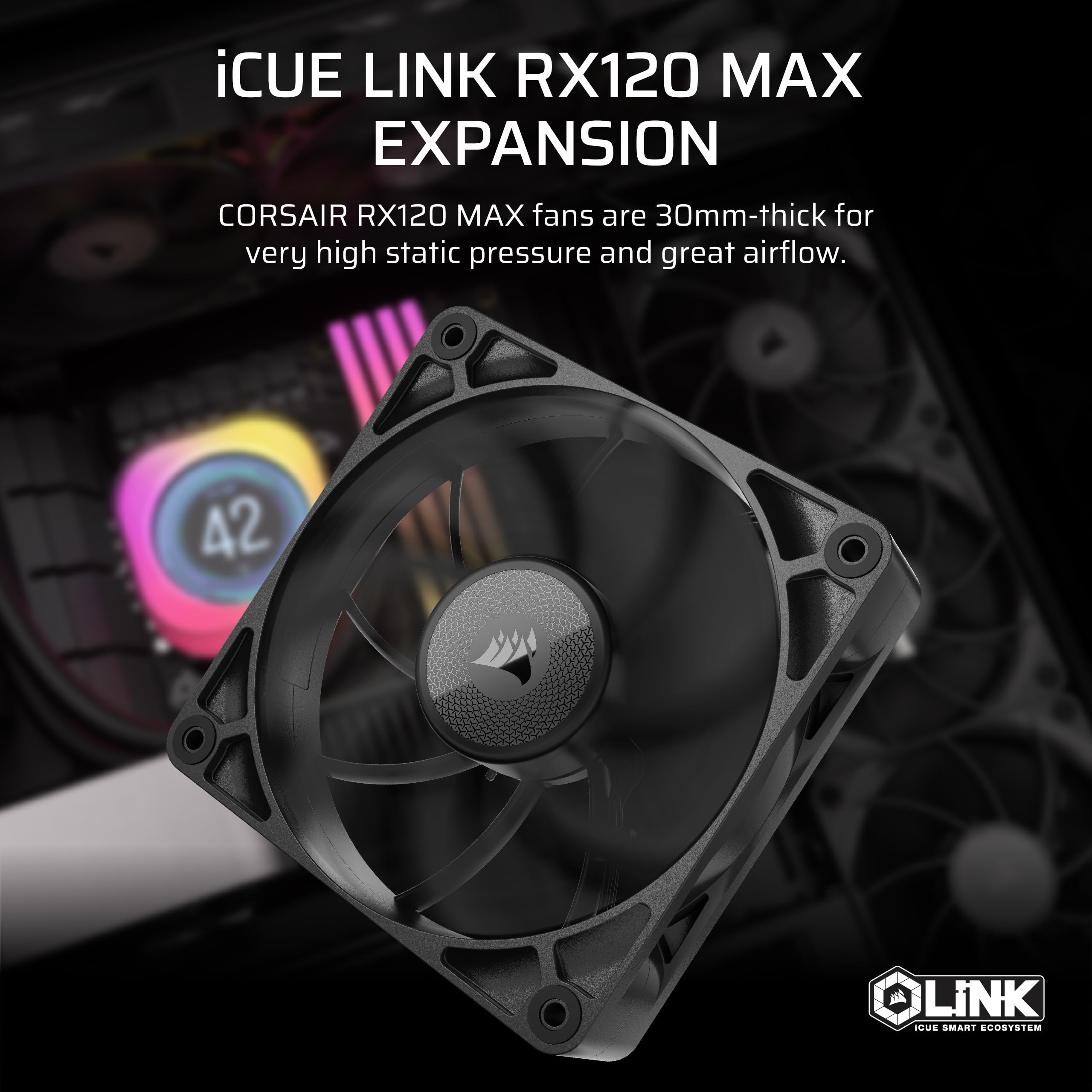 CORSAIR iCUE LINK RX120 MAX RGB 120mm PWM Thick Fans with iCUE LINK System Hub – High-Static Pressure – Magnetic Dome Bearing – Triple Pack – White