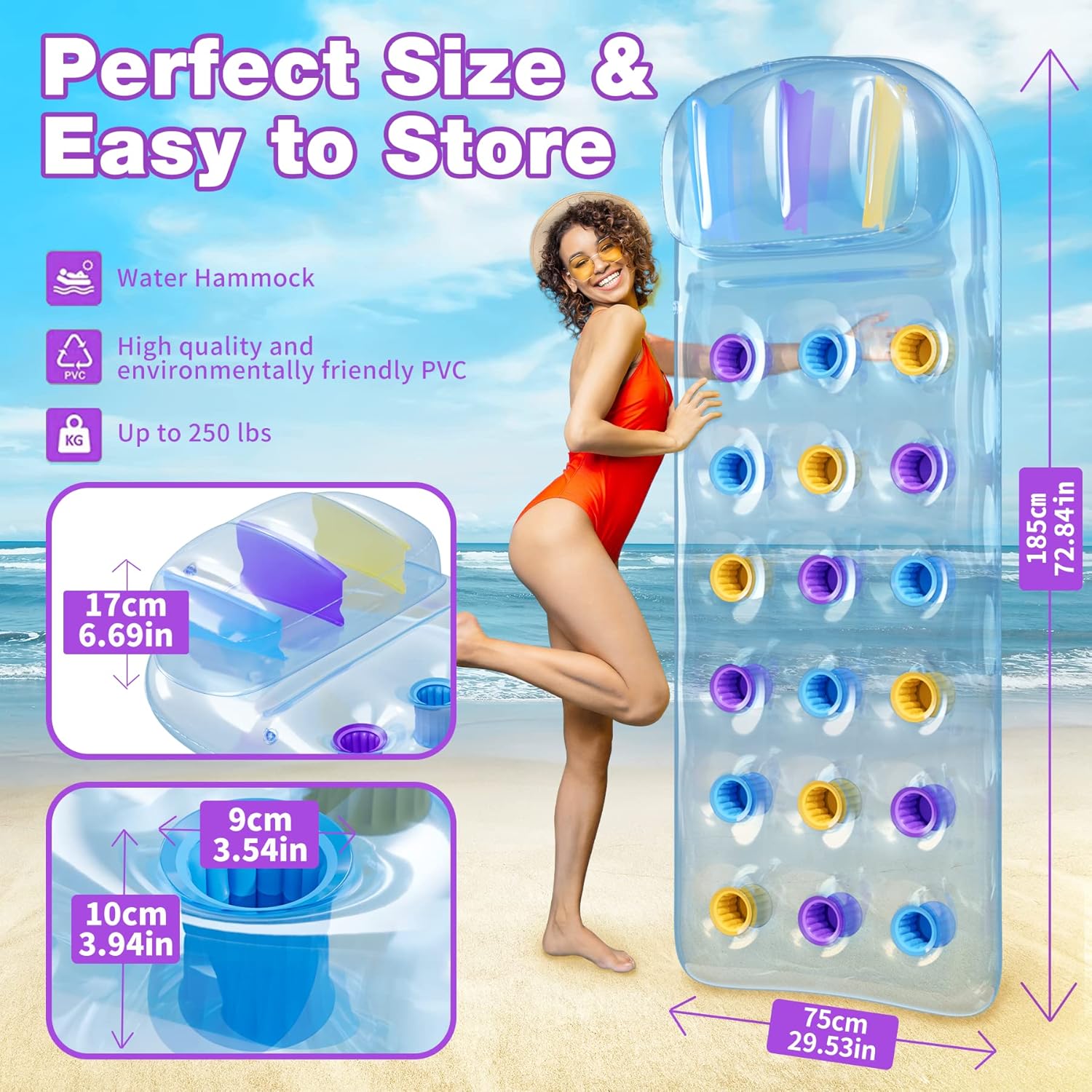 Lilo Pool Inflatables - Gontence Portable Pool Inflatable - Inflatable Pool Floats For Kids Adults - Pool Lounger with Cup Holder - Pool Float Pool Hammock Water Hammock, Blue (HW721)