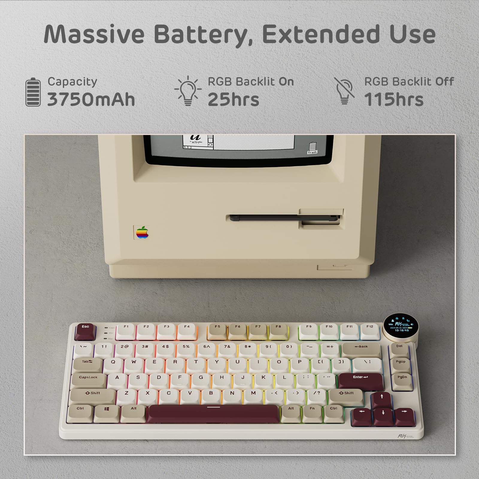 RK ROYAL KLUDGE N80 Low-Profile Mechanical Keyboard w/Smart Display Screen & Knob, Top Mount 75% Wireless Keyboard BT/2.4G/USB-C, Software Support, Massive Battery,80 Keys, Soft Tactile Brown Switches