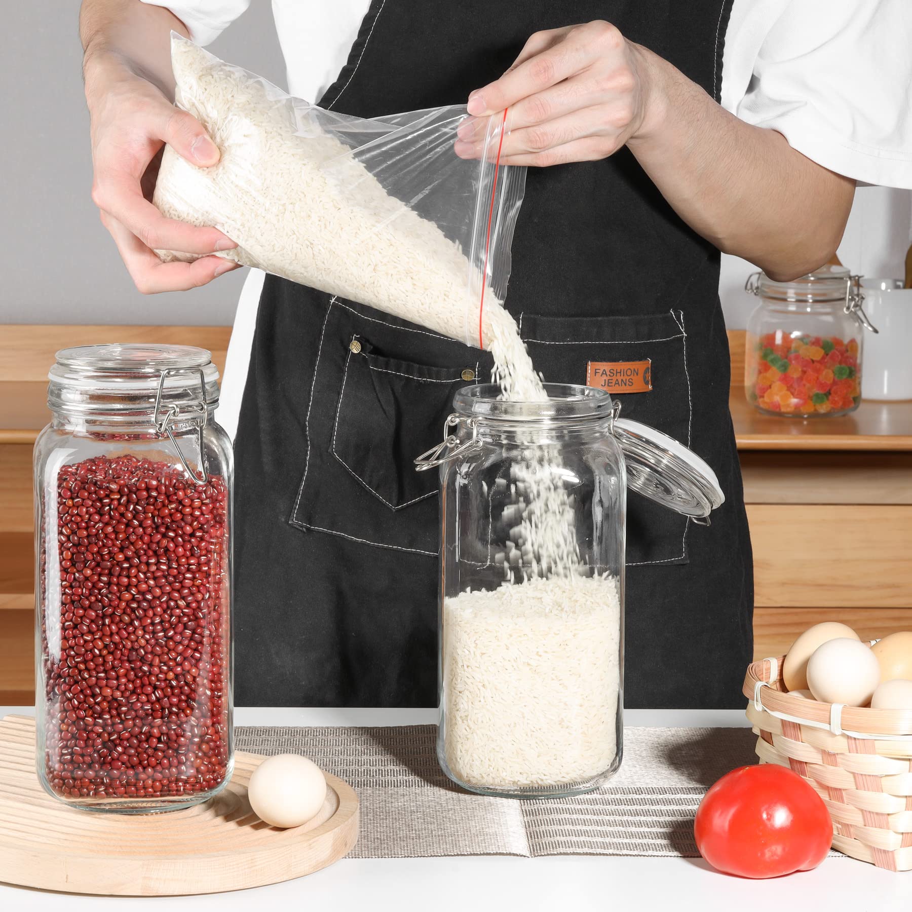 ComSaf Glass Storage Jars with Lids 2300ML Food Canisters Set of 3 - Airtight Clear Preserving Seal Wide Mouth Containers with Wire Clip Fastening for