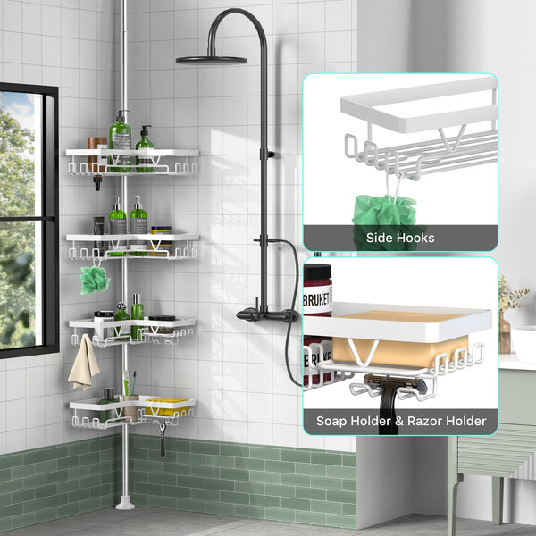 Kegii Telescopic Shower Caddy Corner - Stainless Steel Shower Shelf No Drilling Bathroom Caddy with Soap Holder and Hooks(White), On The Bath or Stand Up Shower