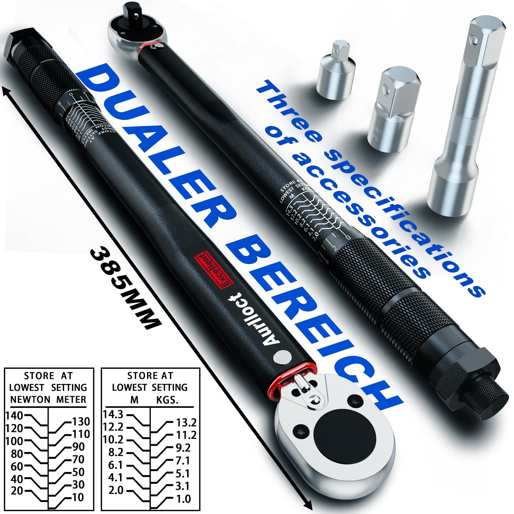 1/2" Torque Wrench Set, Car Wheel Torque Spanner 20-230 Nm with 3/8'' Adapter, ± 3% Accuracy, 72 Tooth for Car Repair, Tire Replacement Etc