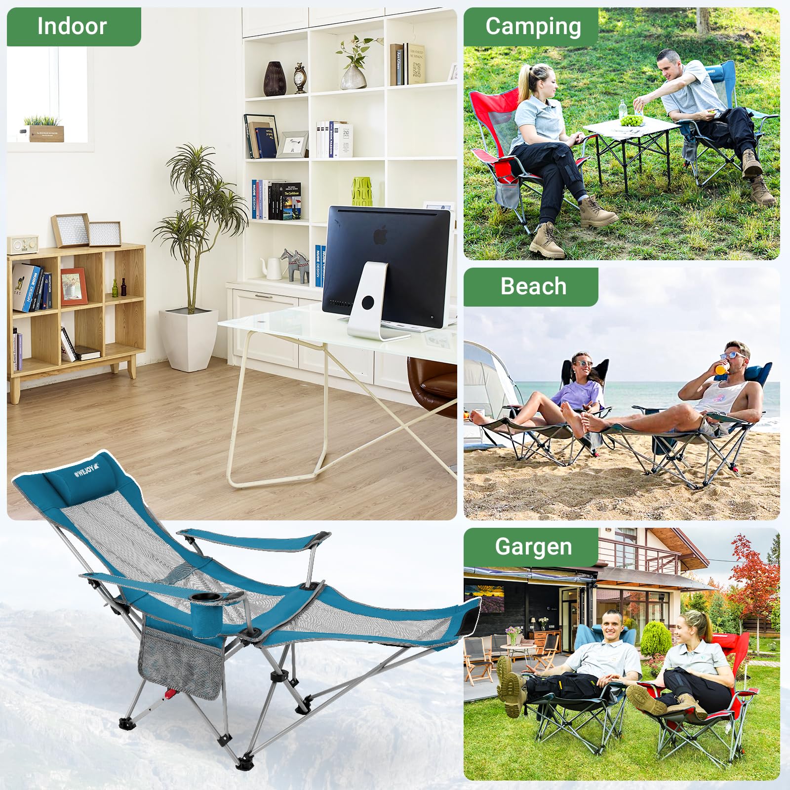 #WEJOY Camping Chairs Folding Recliner Chair Adjustable with Detachable Footrest Headrest Cup Holder Lightweight Portable Reclining Camp Chair Fold Up Chair for Outdoor Beach Garden, Cyan Set of 2