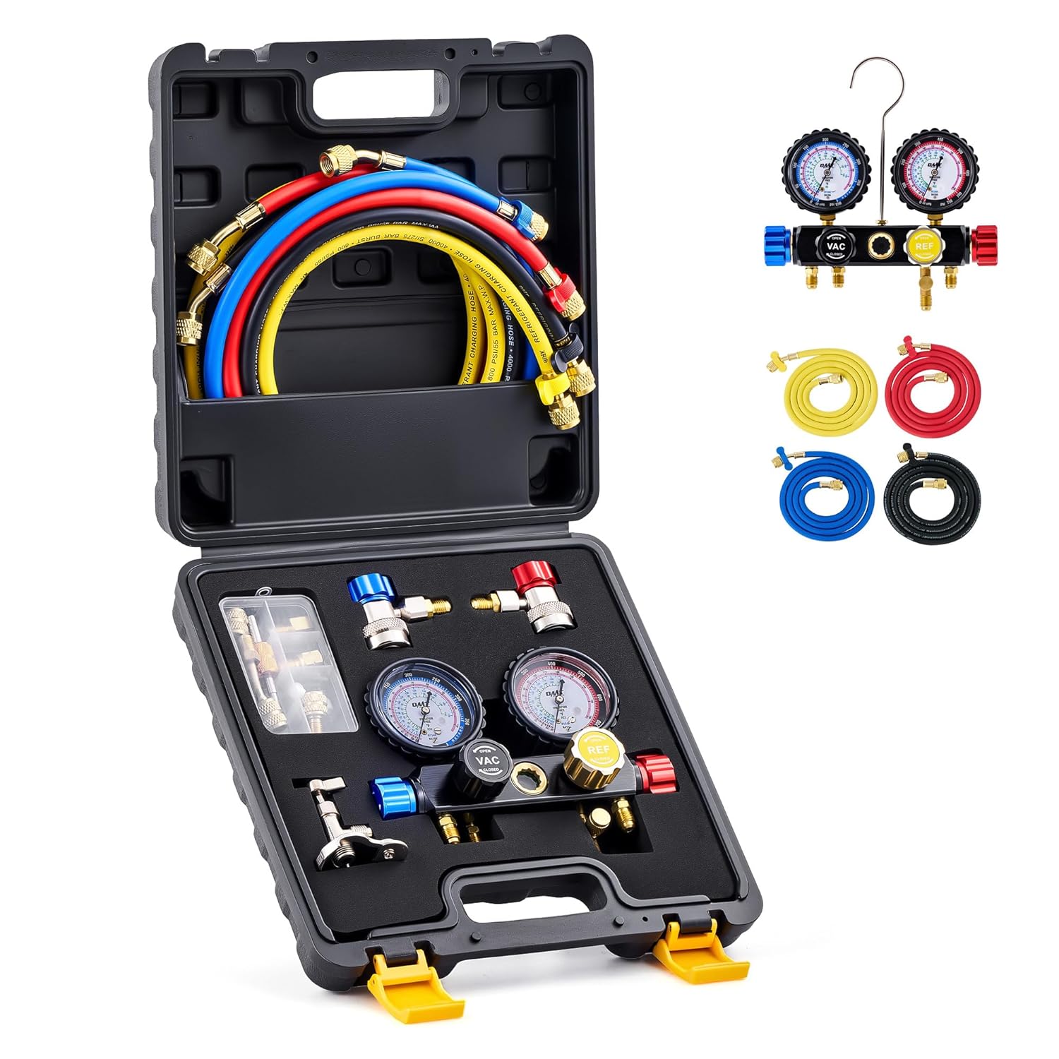 Orion Motor Tech AC Manifold Gauge Set for R410a R22 R134a Refrigerant, 4 Valve Automotive AC Gauge Set with Antishock Gauges Hoses Couplers Adapters, Puncturing Can Tap Freon Recharge Kit, Black Case