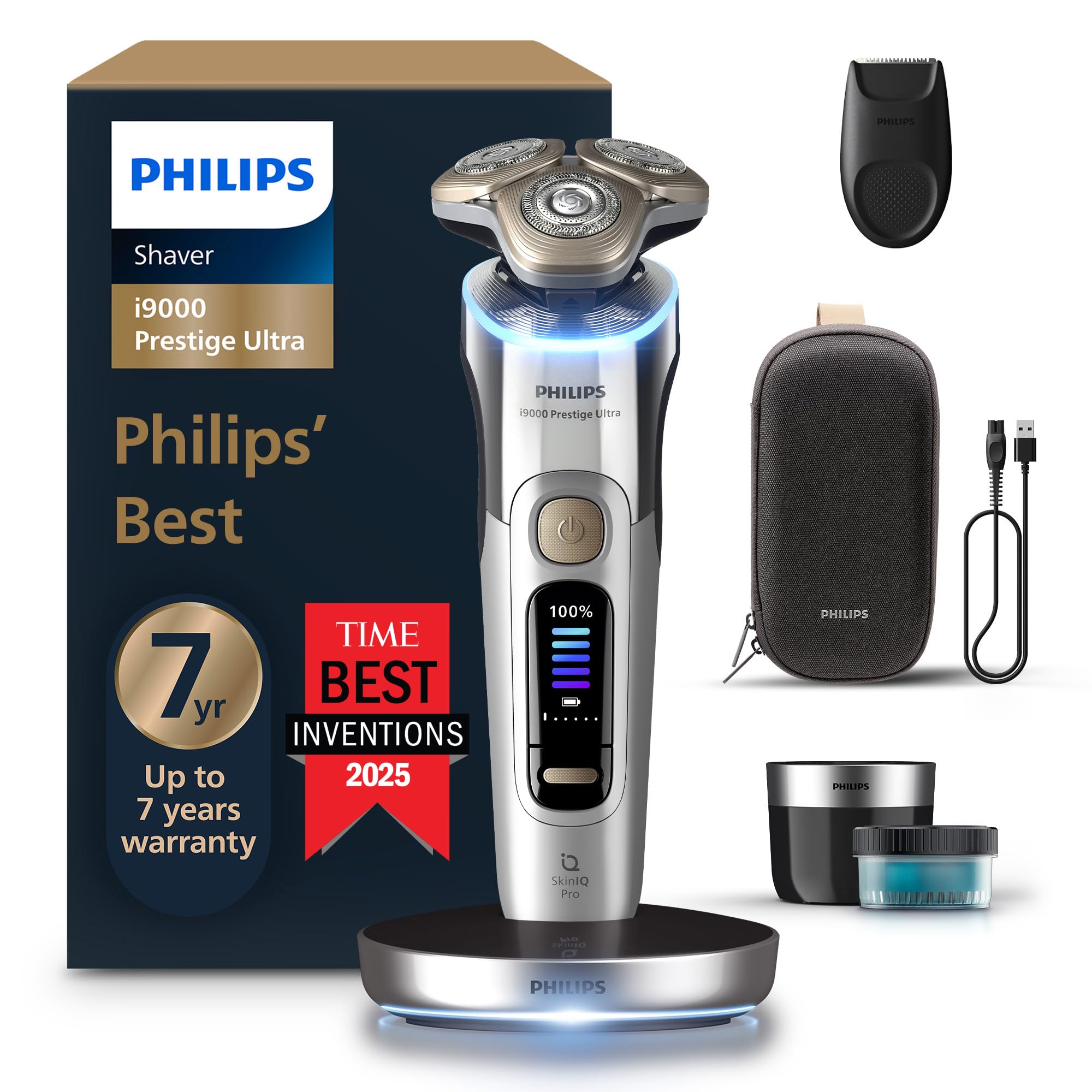 Philips Shaver i9000 Prestige Ultra, Wet & Dry Electric Shaver, Chrome, Skin IQ Pro Technology, Triple Lift & Cut System, 360 Rotating NanoTech Precision Blades, 5 Shaving Modes, Model XP9404/31