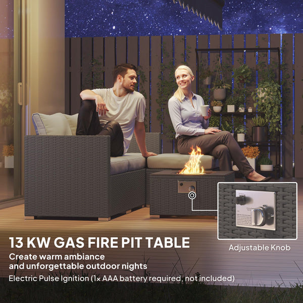 Outsunny 5 Piece Rattan Garden Furniture Set with Gas Fire Pit Table, 4 Seater Outdoor Sectional Sofa Set with Footstool and Removable Cushions, Modular Combination, Brown and Cream White