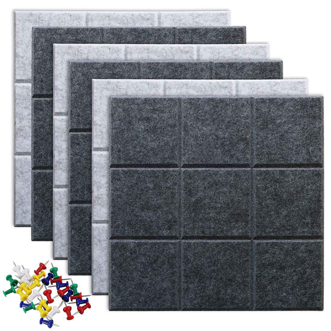 Uoisaiko Large 30x30cm Felt Board Tiles with 30 Pins, Pack of 6 Bulletin Board Notice Boards for Home Office Kitchen, Self Adhesive Pin Board Wall Tiles for Photos Memos