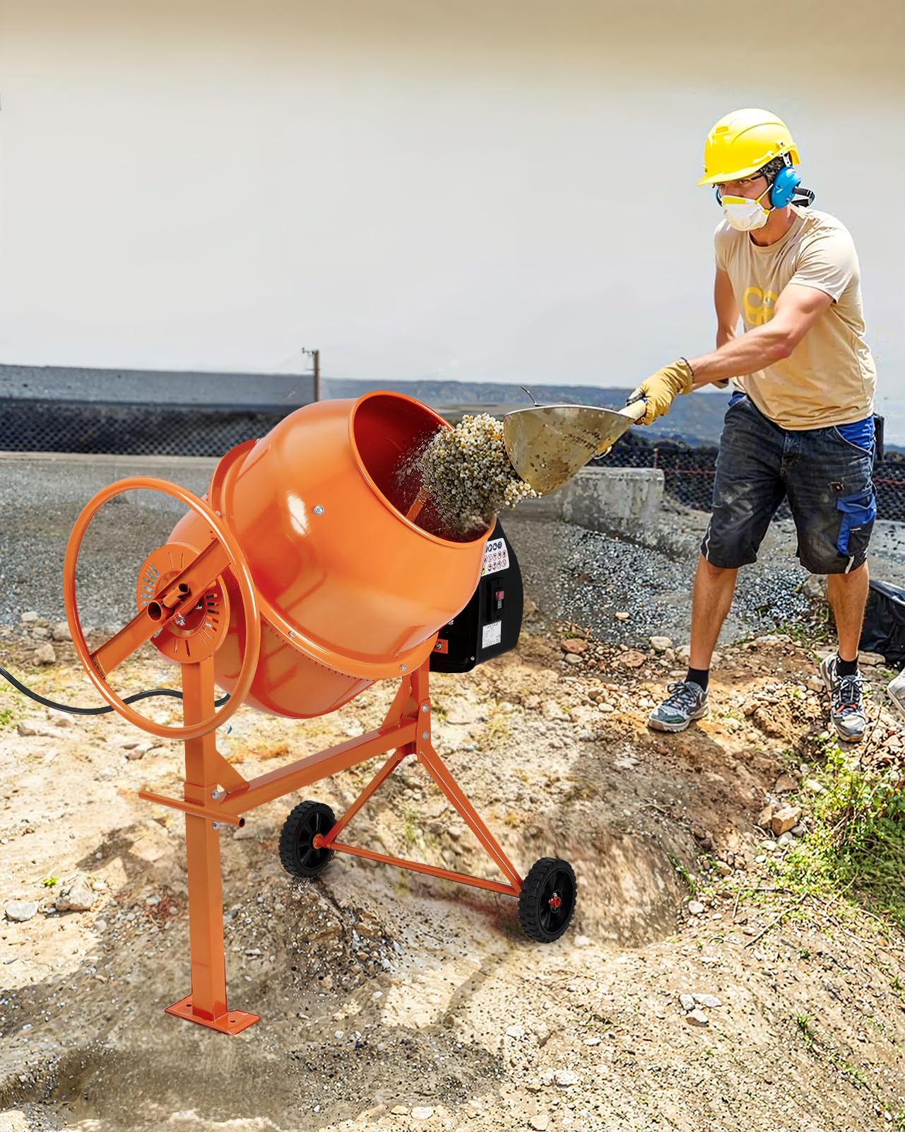 DKIEI 63L Electric Cement Mixer, 220W Concrete Mixer with Wheels and Stand, Portable Mud Mixer Machine for Cement, Stucco, Seeds and Fodder, 230V, 50Hz, 30RPM, Orange