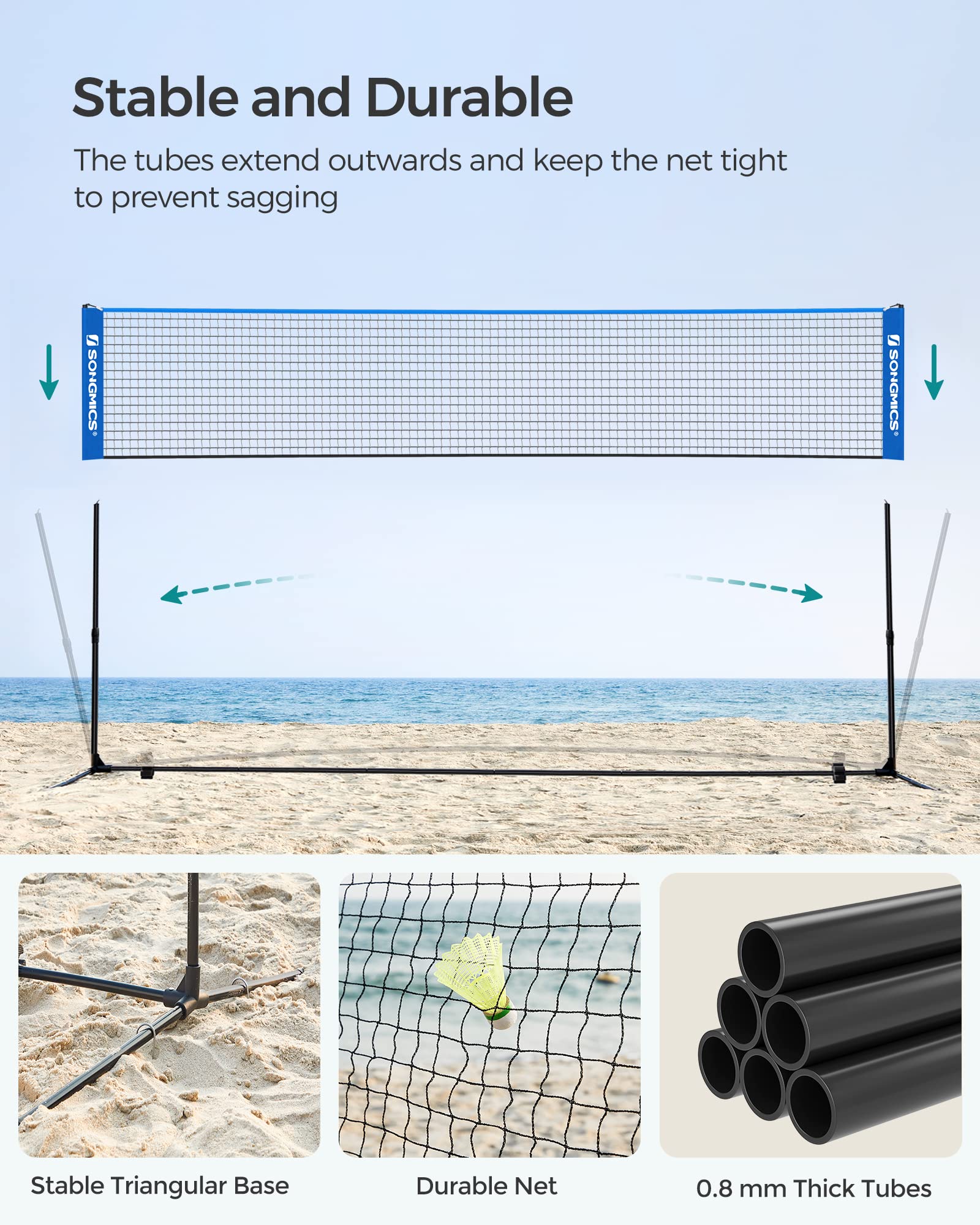 SONGMICS 3 m Badminton Net, Volleyball Net, Adjustable Poles Height, Portable Set for Tennis