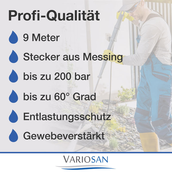 VARIOSAN High Pressure Hose for 16621 Pressure Washer 9 m Quick Connect Black 200 Bar Suitable for K?rcher K2 K3 K4 K5 K6 K7 and 2.641-721.0