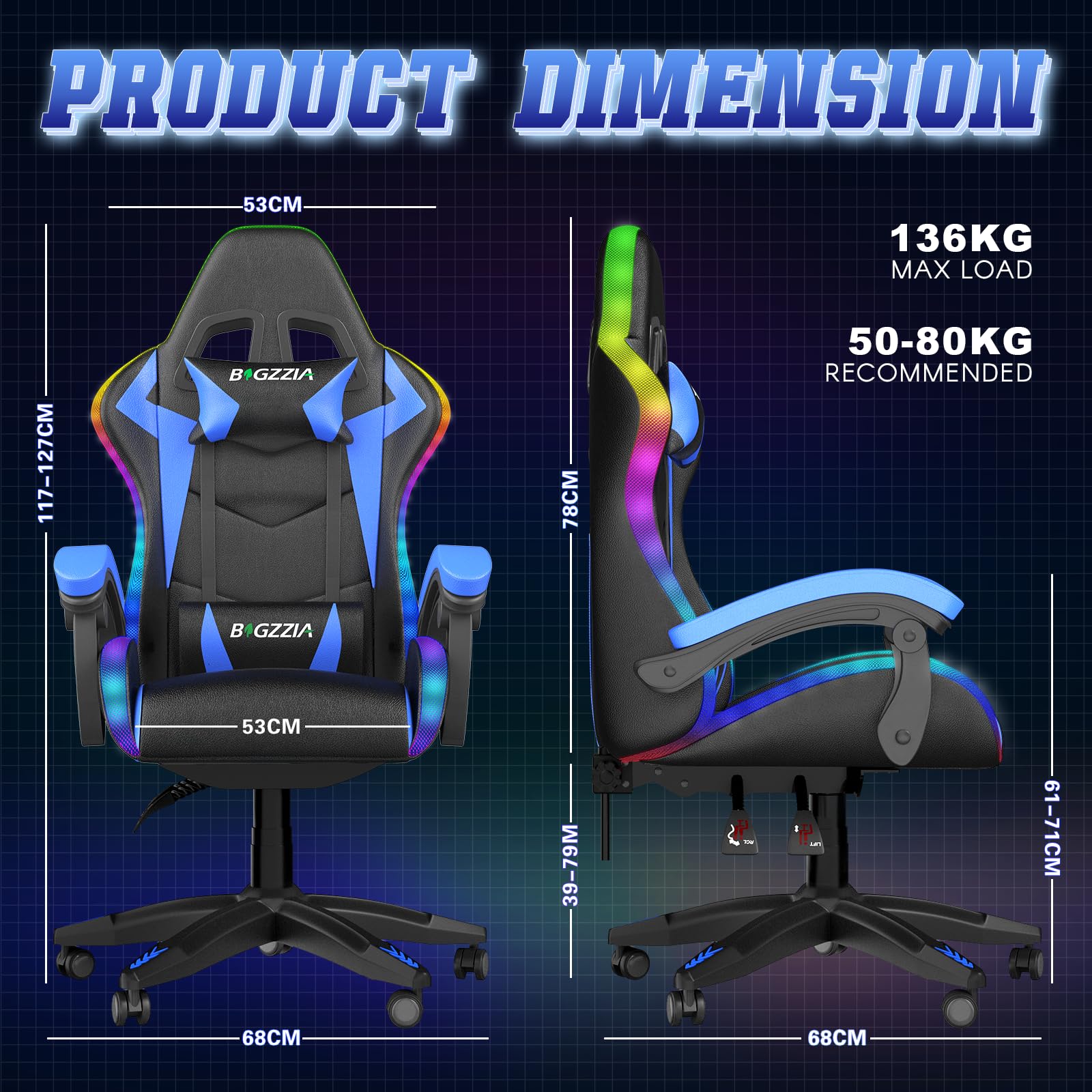bigzzia RGB Gaming Chair with LED Lights and Ergonomic Computer Chair Reclining PU Leather High Back Video Game Chair with Headrest Adjustable Lumbar Support Linkage Armrest for Adults (Black/Grey)