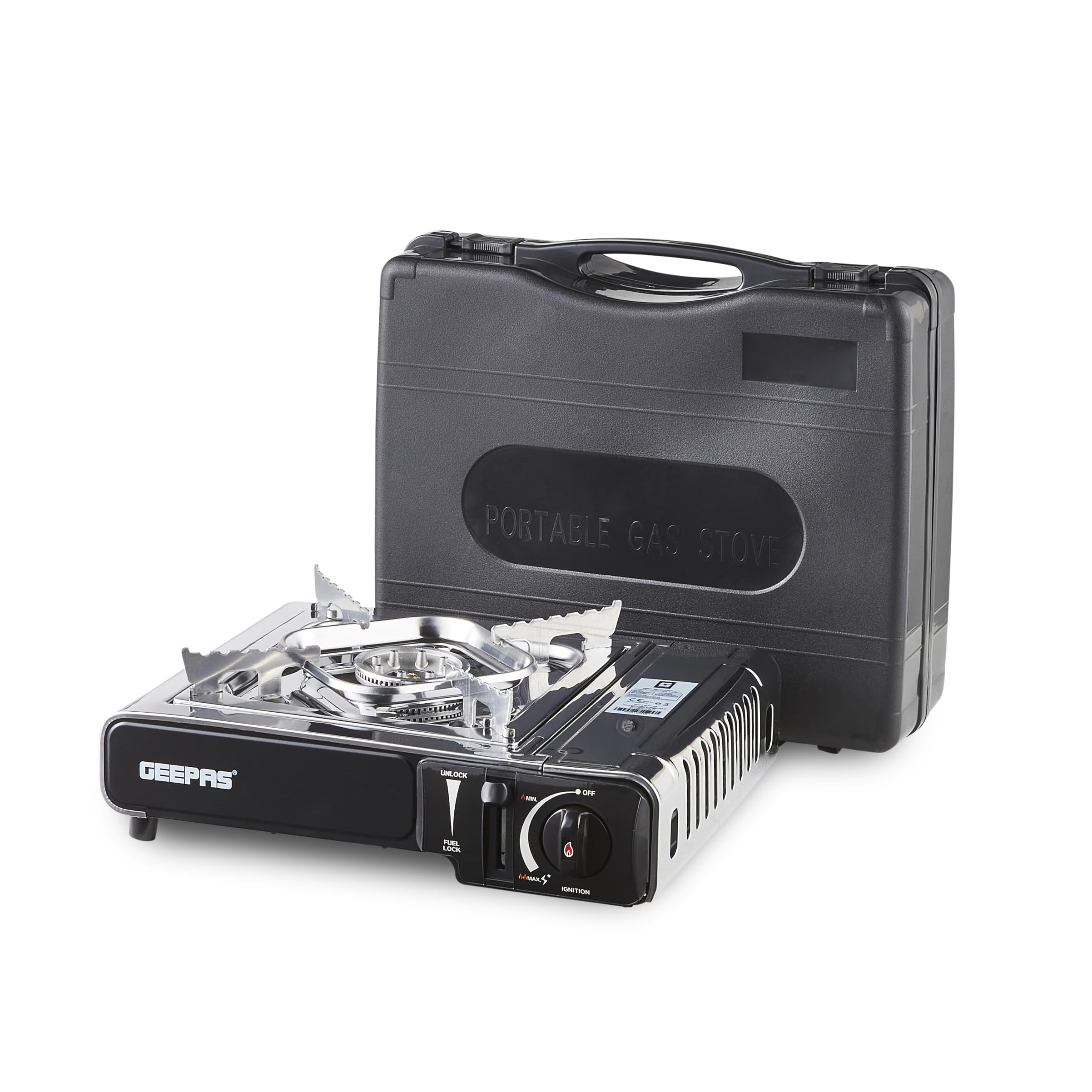 Geepas Gas Stove Single Burner – Portable Camping Stove BBQ Cooker with Carry Case, Outdoor Grill Plate – Automatic Ignition System, Enamel Pan Support, Butane Can or LPG Gas Source