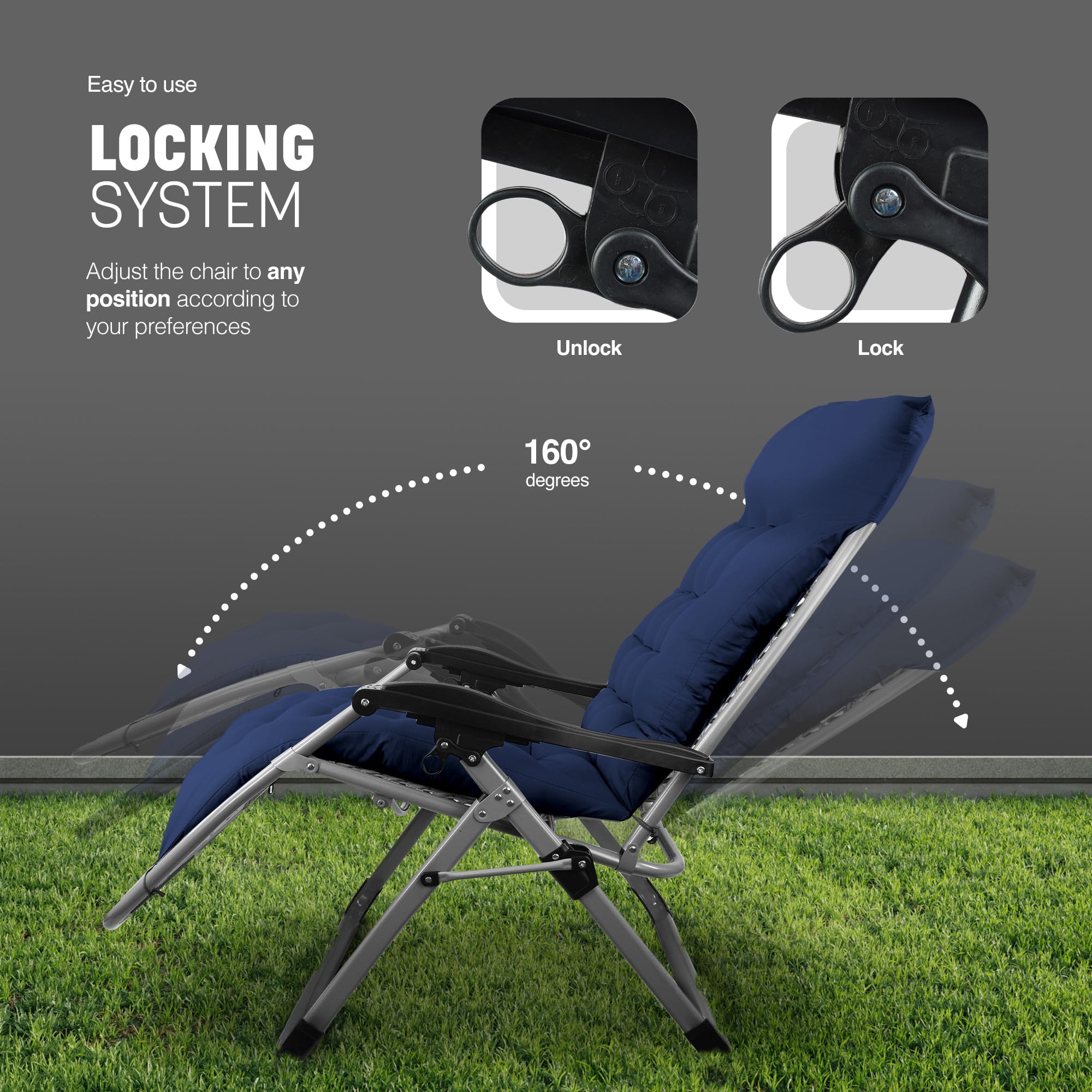 KEPLIN Square Tube Gravity Chair with Cushion – Extra-Wide 72cm Recliner, Adjustable Zero Gravity Lounger, Reinforced Frame, Supports 150kg, Premium Comfort for Indoor & Outdoor Relaxation – Black