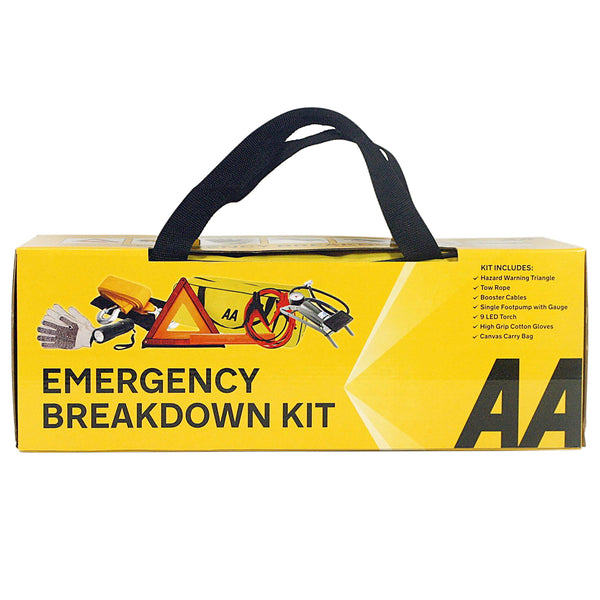 AA Vehicle Breakdown Safety Kit Plus AA5618 – Tyre Inflator, Warning Triangle, Tow Rope, Hi-Vis Vest, Torch, Glass Hammer, Booster Cables, Storage Bag