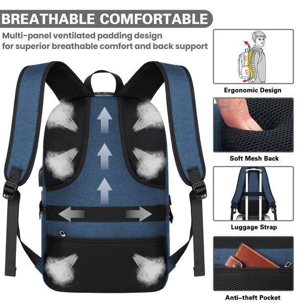 VSNOON Anti-Theft Laptop Backpack, 15.6-17.3 inch Business Laptop Rucksack Bag with USB Charging Port & Lock, Water Resistant Travel Backpack Computer Bag for Women Men, Black