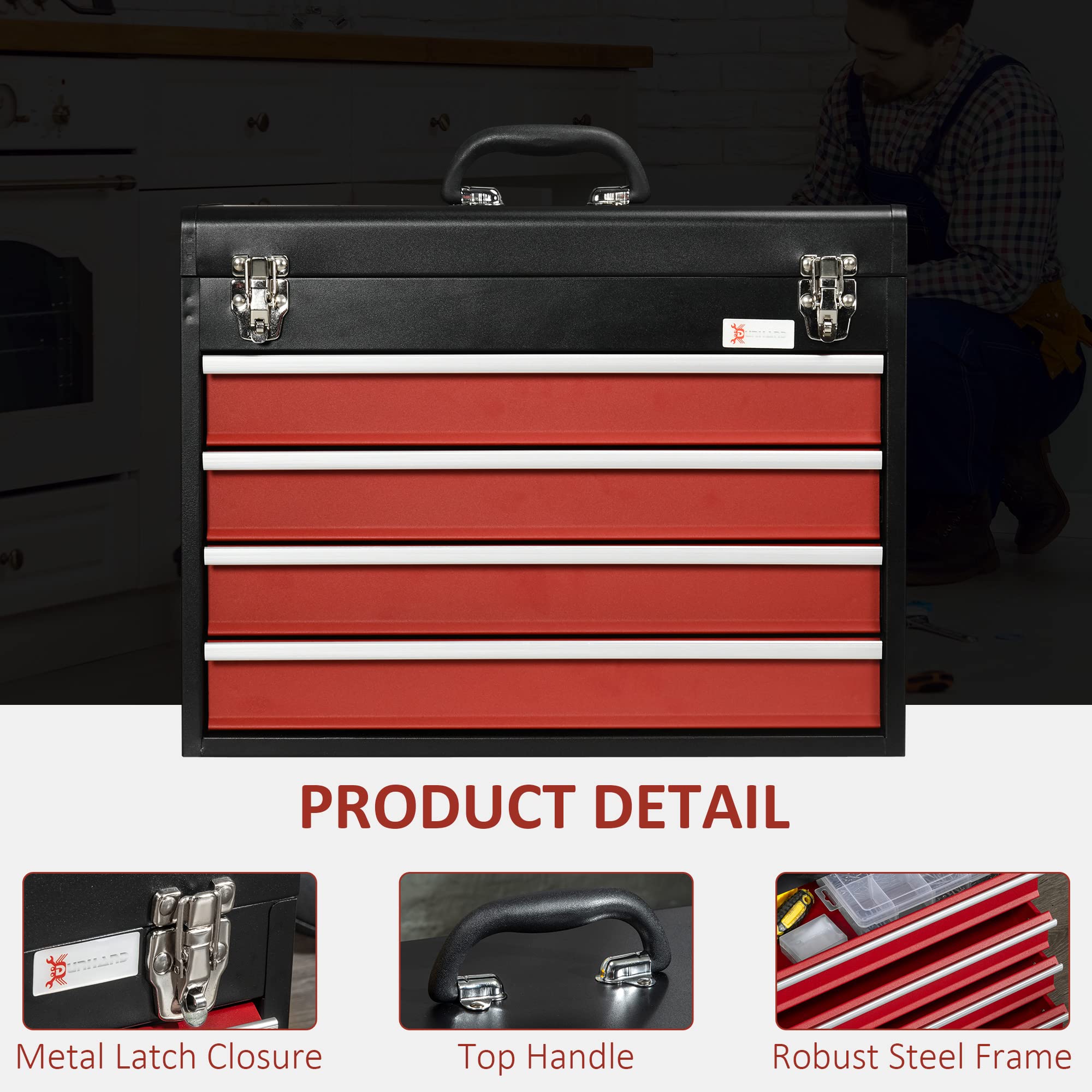DURHAND 3 Drawer Tool Chest, Lockable Metal Tool Box with Ball Bearing Runners, Portable Toolbox, 510mm x 220mm x 320mm, Red