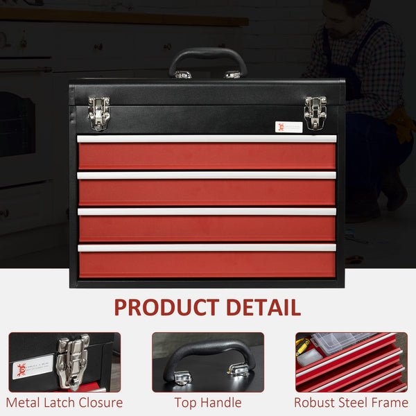 DURHAND 3 Drawer Tool Chest, Lockable Metal Tool Box with Ball Bearing Runners, Portable Toolbox, 510mm x 220mm x 320mm, Red