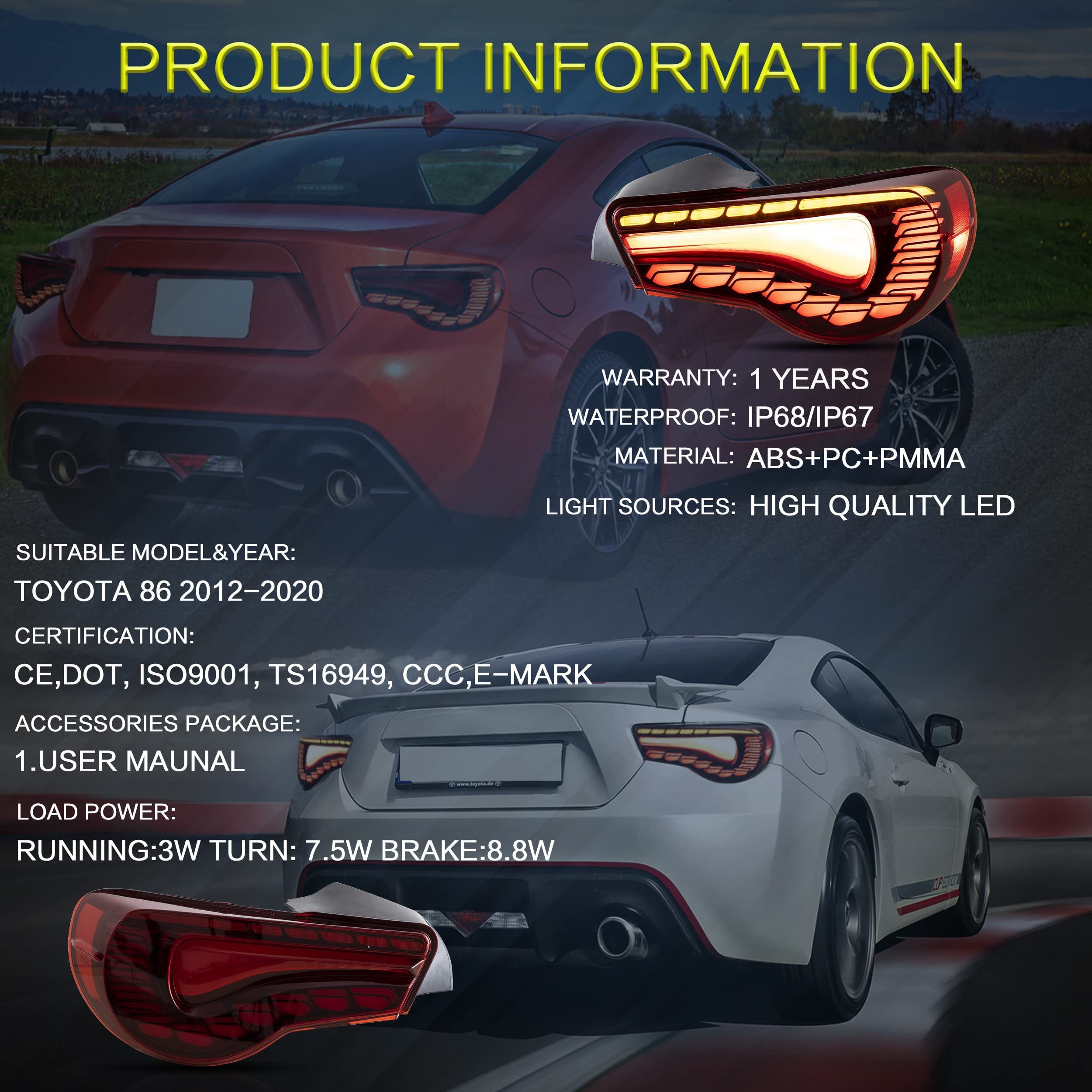 VLAND LED Tail Lights Compatible with Toyota 86 GT86 2012-2020/Subaru BRZ 2013-2020/Scion FR-S 2013-2020, Full LED Rear Light with Sequential Indicator, Red White Lens