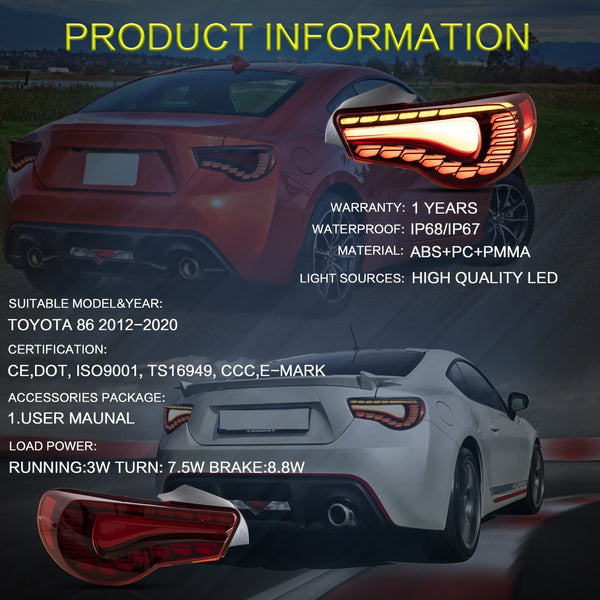 VLAND LED Tail Lights Compatible with Toyota 86 GT86 2012-2020/Subaru BRZ 2013-2020/Scion FR-S 2013-2020, Full LED Rear Light with Sequential Indicator, Red White Lens
