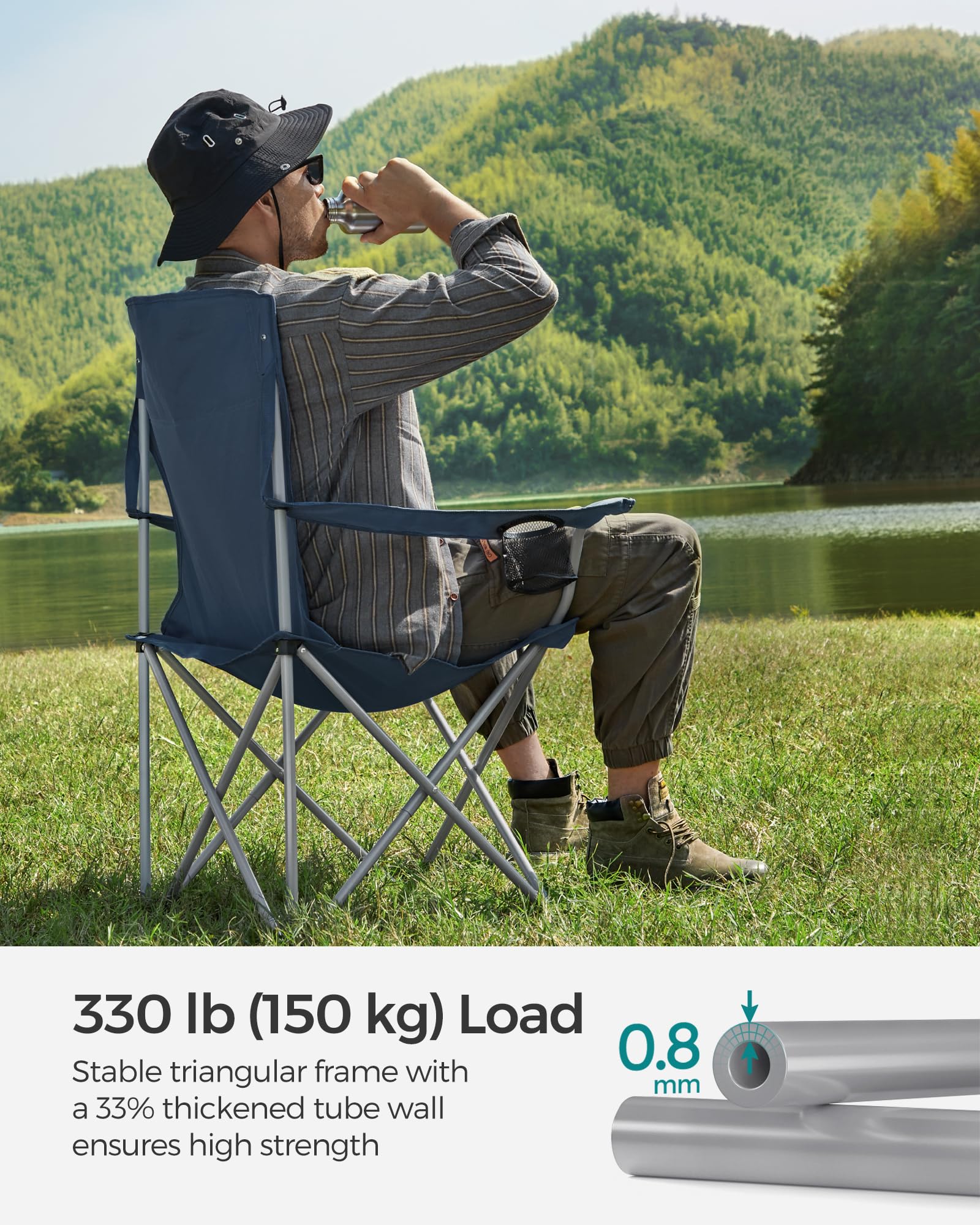 SONGMICS Set of 2 Folding Chairs, Camping Chairs, Comfortable Heavy Duty Structure, Max. Load 150 kg, with Drink Holder, Outdoor Chair