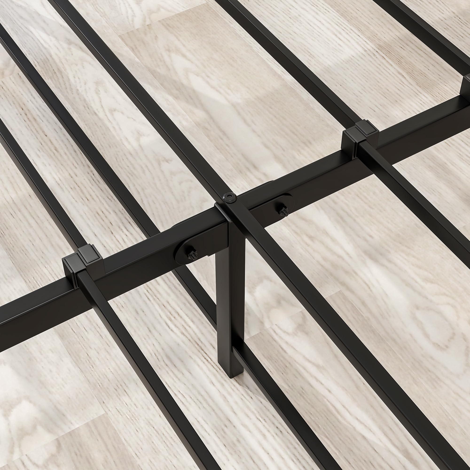 HOJINLINERO Double Bed Frame with Wooden Headboard,Heavy Duty Metal Platform Bed Frame Double Bed No Box Spring Needed,Mattress Base,Metal Slats