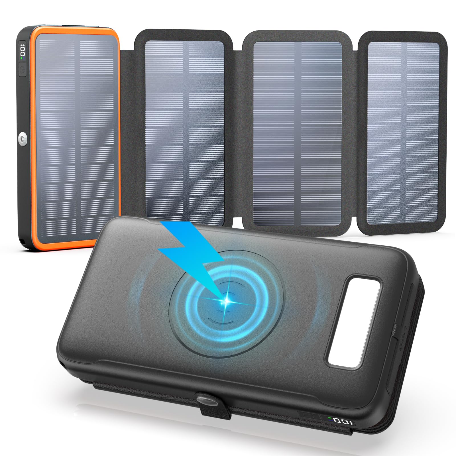 Paloceru Solar Power Bank 26800mAh - Portable Solar Charger with 4 Foldable Panels – PD QC 3.0 Fast Charging Battery Bank with USB C Output/Input - Outdoor Battery Pack with Flashlight for Camping
