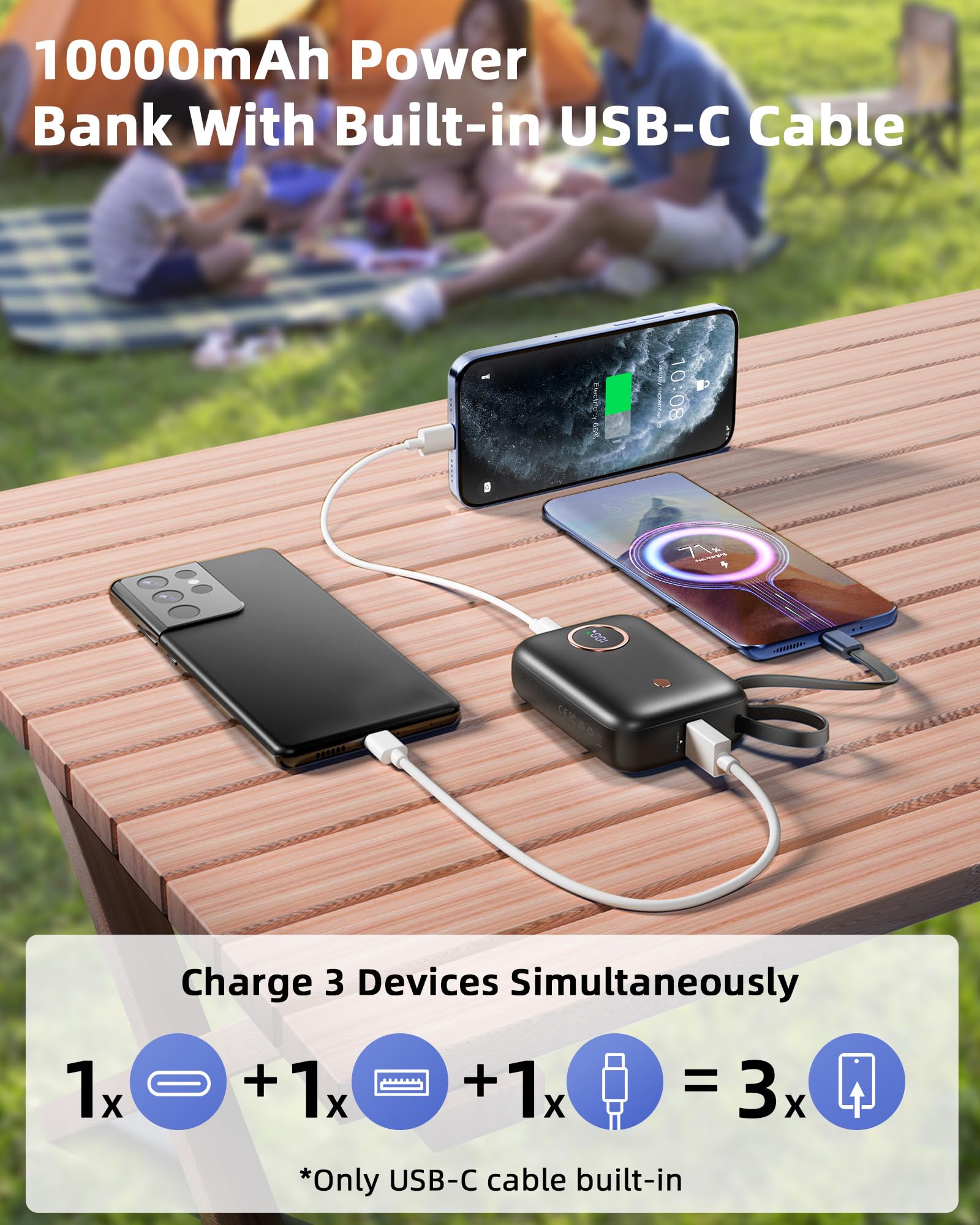 Power Bank Fast Charging 10000 mAh, 22.5W PD QC3.0 High-Speed Portable Charger, PowerBank With Built In Cable USB C, Pocket-Sized Battery Pack for iPhone 16/15, Samsung S23/S24 and More (Jet Black)