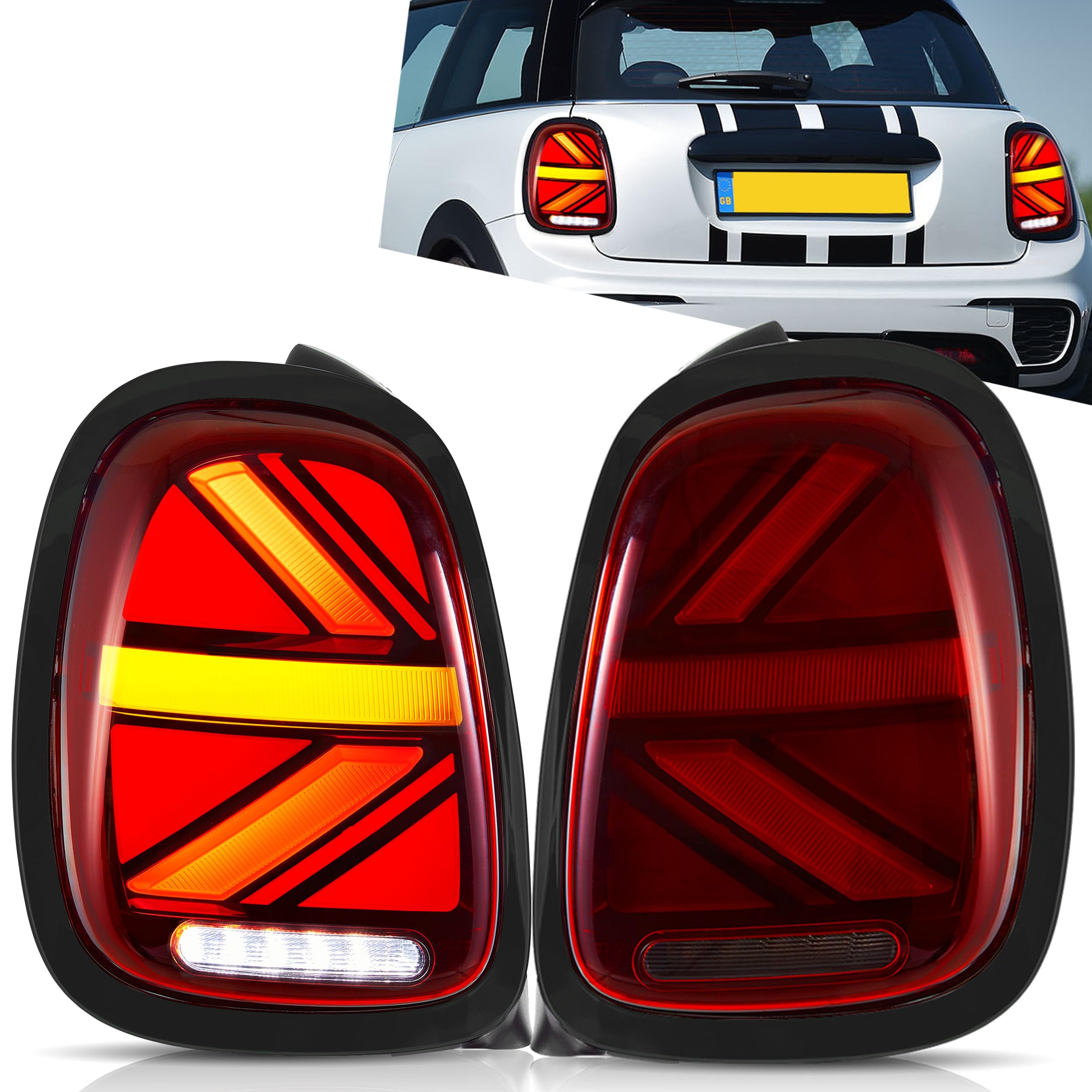 VLAND LED Tail Light Compatible with BMW Mini Cooper F55 F56 F57 2014-2021, Rear Lights with Sequential Turn Signal, Electroplated housing, Red