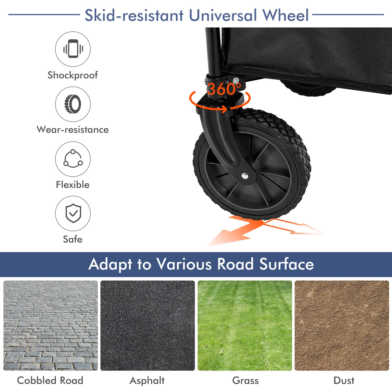 COSTWAY Folding Camping Wagon, Collapsible Beach Garden Trolley with Cup Holders and Adjustable Handle, Canvas Transport Utility Cart for Shopping Gardening Sporting Events (Navy Blue)