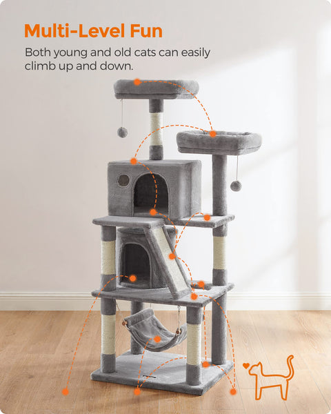 FEANDREA Cat Tree, Cat Condo with 2 Cat Caves, 155 cm, Light Grey PCT163W01