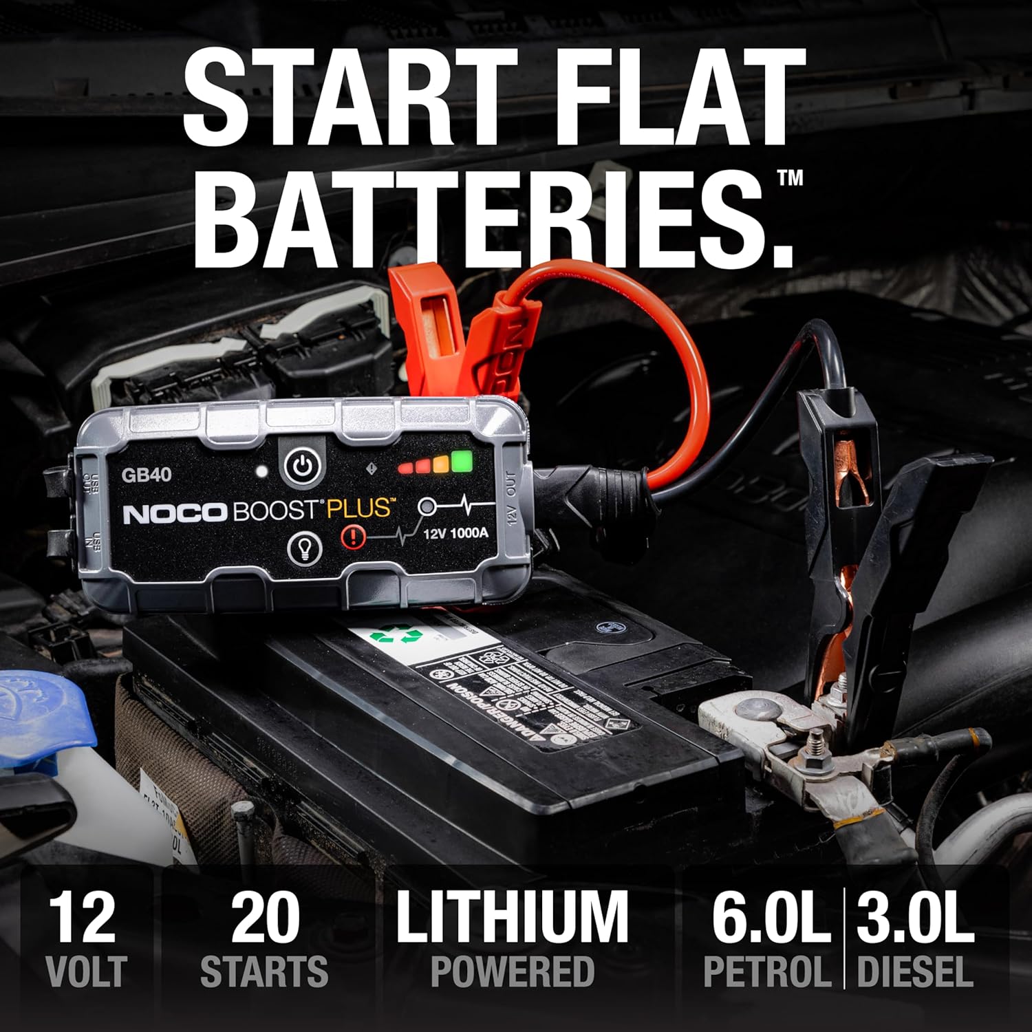 NOCO Boost Plus GB40 1000A UltraSafe Car Jump Starter, Jump Starter Power Pack, 12V Battery Booster, Portable Powerbank Charger, and Jump Leads for up to 4.0-Liter Petrol and 3.0-Liter Diesel Engines