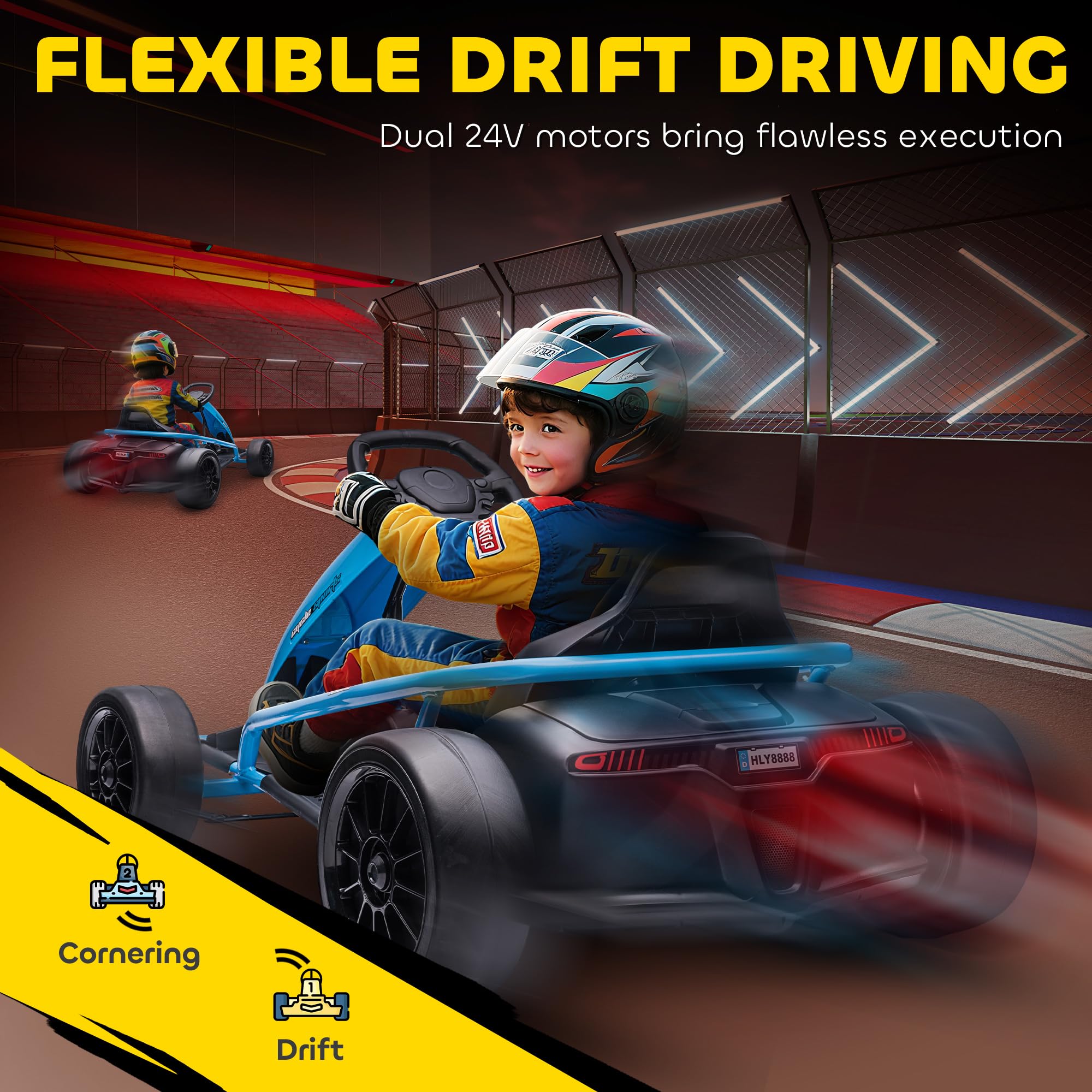 HOMCOM 24V Electric Go Kart for Kids, Ride-On Racing Go Kart with Slow Start, Music, Horn Honking and Safety Belt, for 8-12 Years Old, Blue