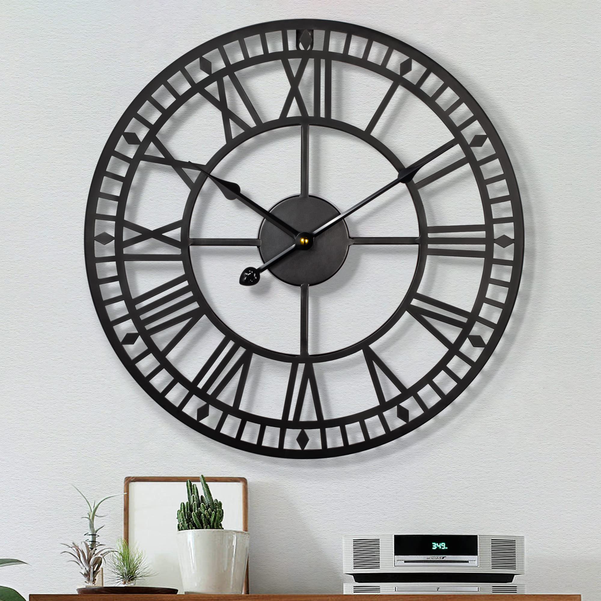 HAITANG Large Metal Iron Retro Wall Clock Silent Non-Ticking Battery Operated Vintage Metal Roman Numerals Round Modern Clocks For Living Room Decor