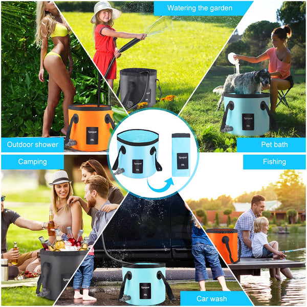 Spopal 20L Collapsible Bucket, Outdoor Foldable Bucket with Drainage Outlet for Camping, Collapsible Storage Container for Traveling Picnic Hiking Fishing Car Washing