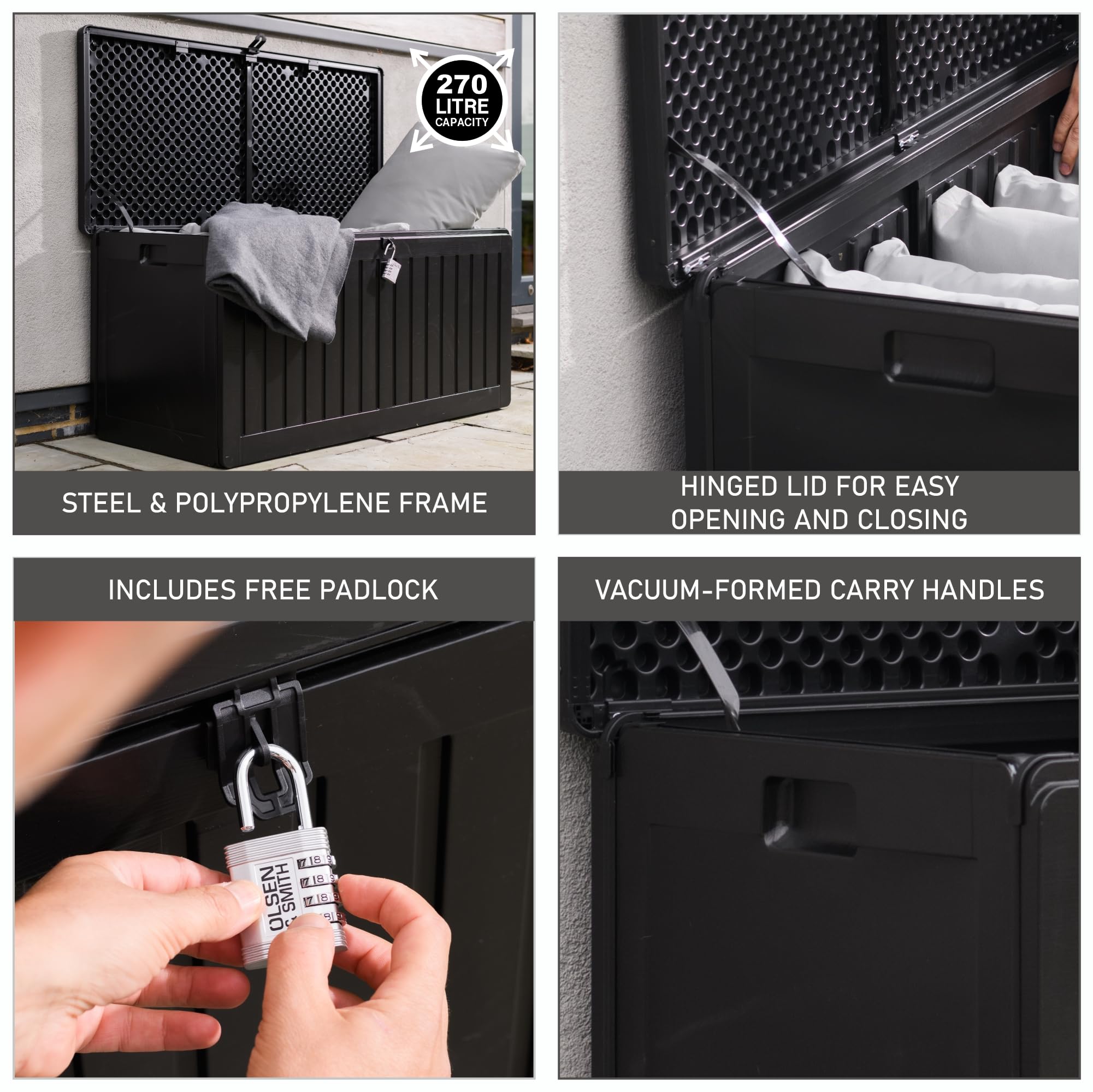 Olsen & Smith 680L Large Garden Storage Box - Weather Resistant Heavy Duty Garden Box with Padlock & Wood Effect - Huge Capacity Outdoor Storage Chest for Tools, Cushions, Toys & More (Anthracite)